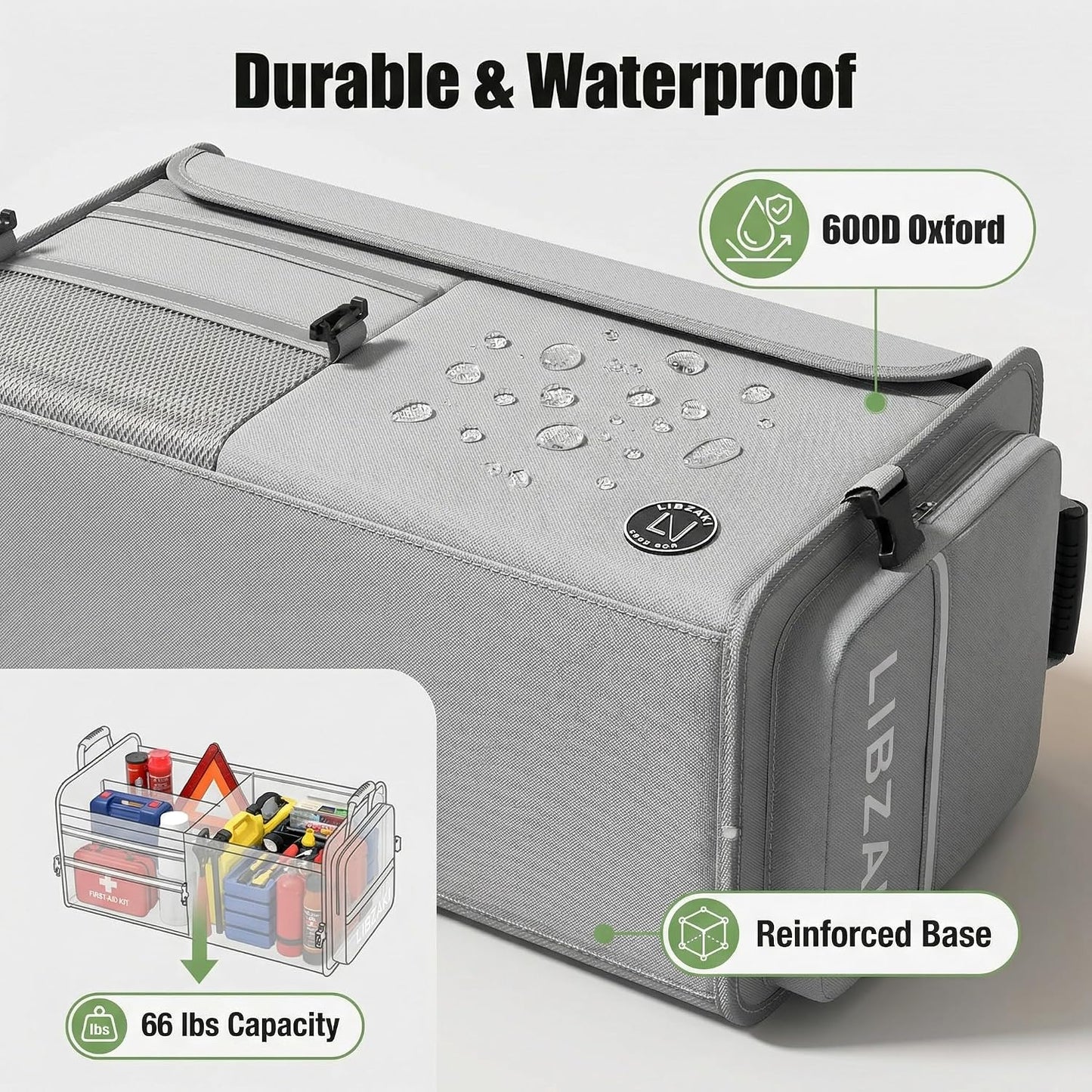LIBZAKI Car Trunk Storage Organizer, Multi Compartment Collapsible Trunk Storage Box for Car Truck SUV-Gray