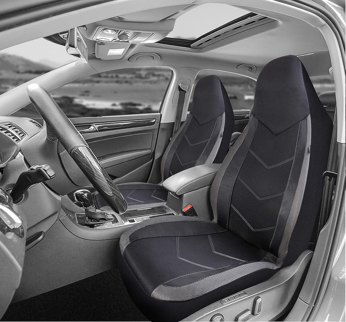 PIC AUTO Car Seat Covers - High Back Front Seat Covers, Sports Carbon Fiber Mesh Design, Universal Fit, Airbag Compatible (Gray)