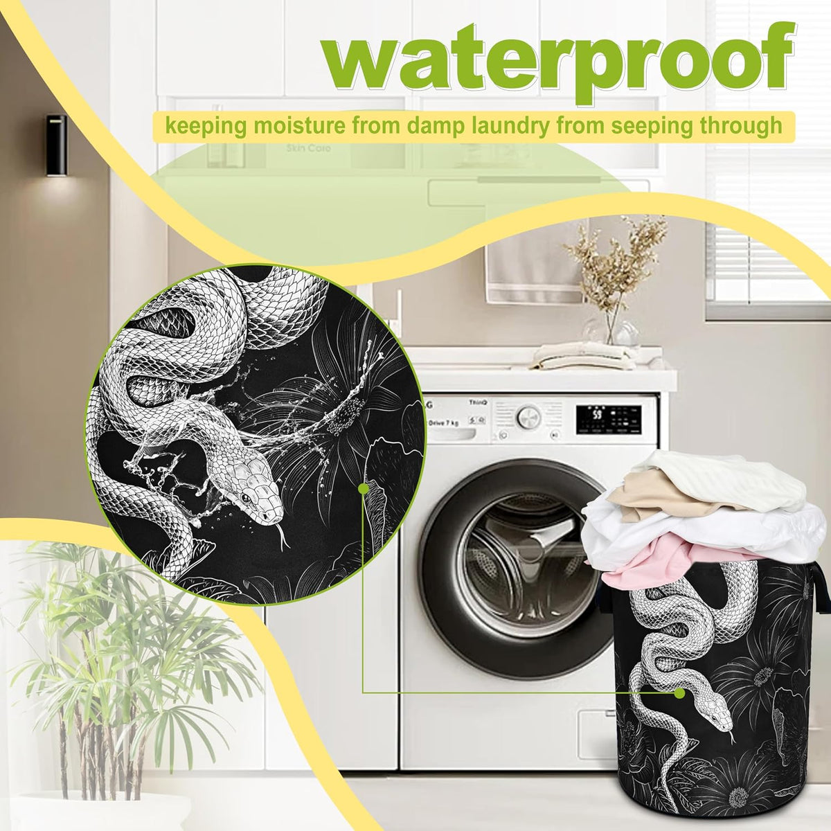 Snake Floral Prints Laundry Basket Foldable Waterproof Hamper 18.9x16.5 In