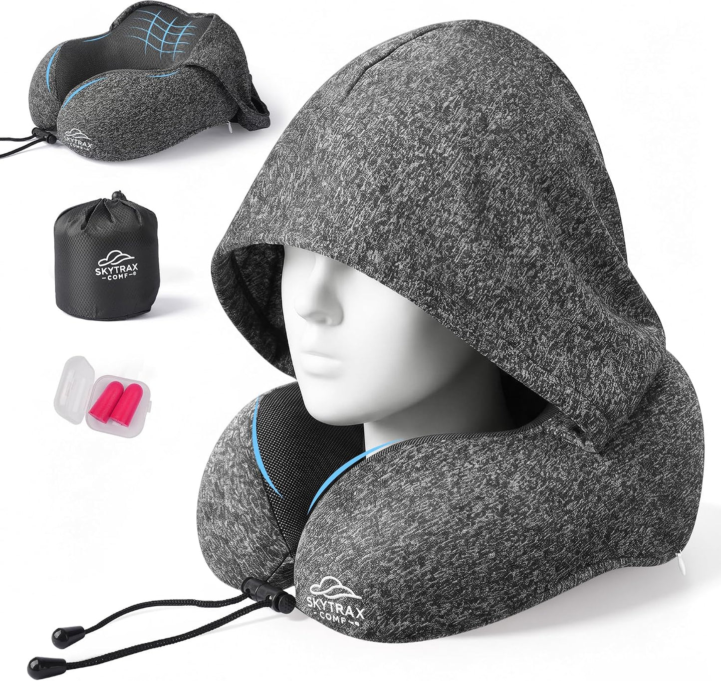 SkytraxComf® Travel Neck Pillow with Hood for Privacy on Long Flights | Memory Foam | Airplane Sleep | Safety-Tested Materials | Extra Large Hood | Chin Support | Earplugs | Washable Cover