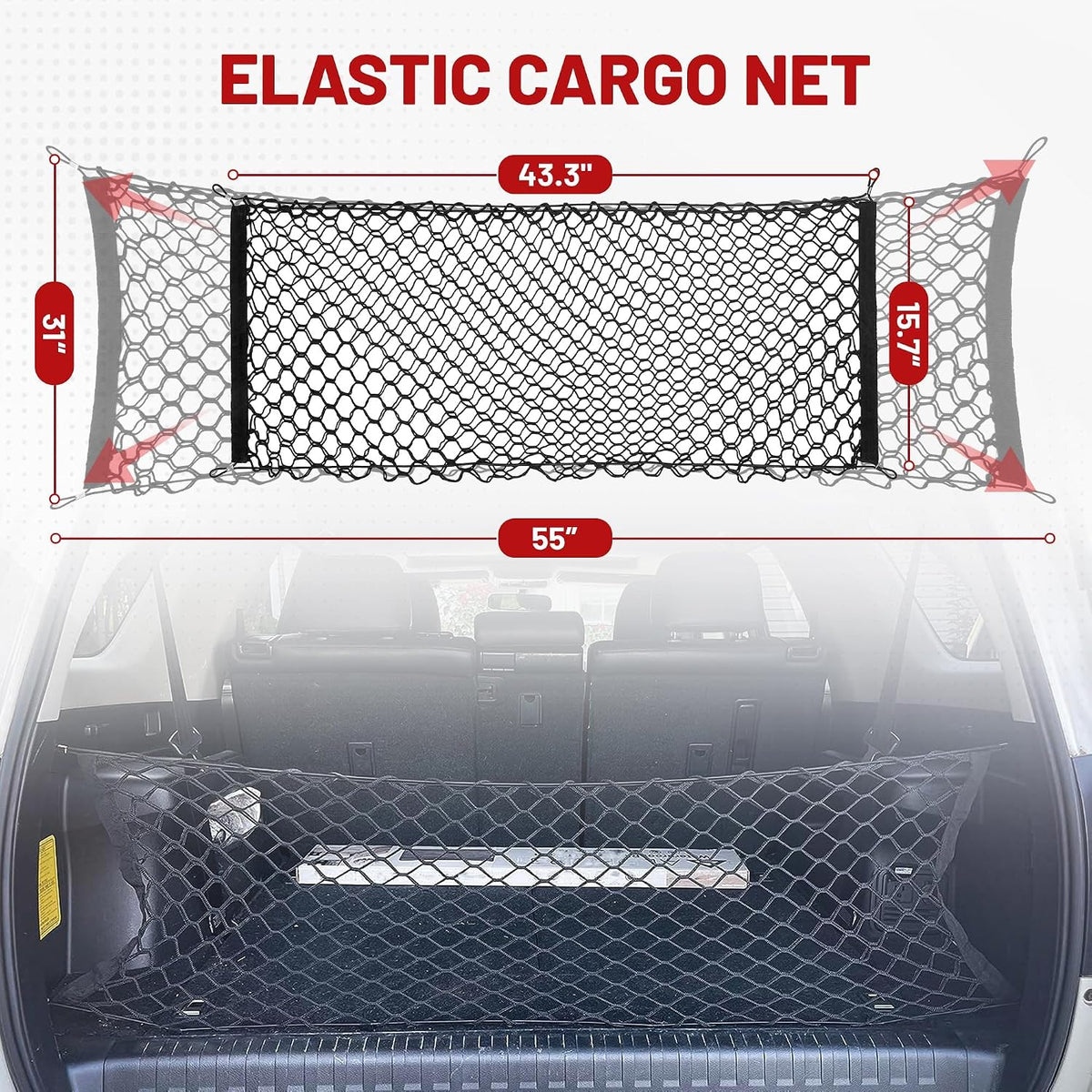RED WOLF Envelope Style Cargo Net for 2006-2022 Ford Focus Escape Explorer Expedition Ranger Trunk Bed Grocery Net Elastic Mesh Organizer SUV Rear Tailgate Netting 43.3" x 15.7"