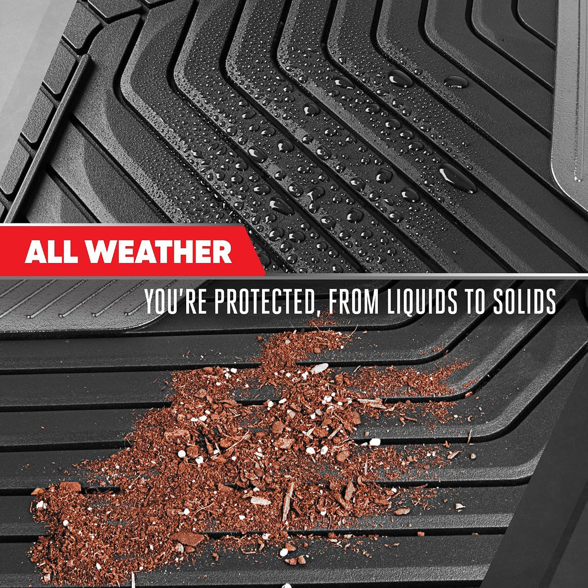 Motor Trend MetallicGuard Car Floor Mats Full Set - Durable Rubber Floor Mats with Silver Metallic Heel Pad, All-Weather Interior Protection for Front and Rear with Non-Slip Backing