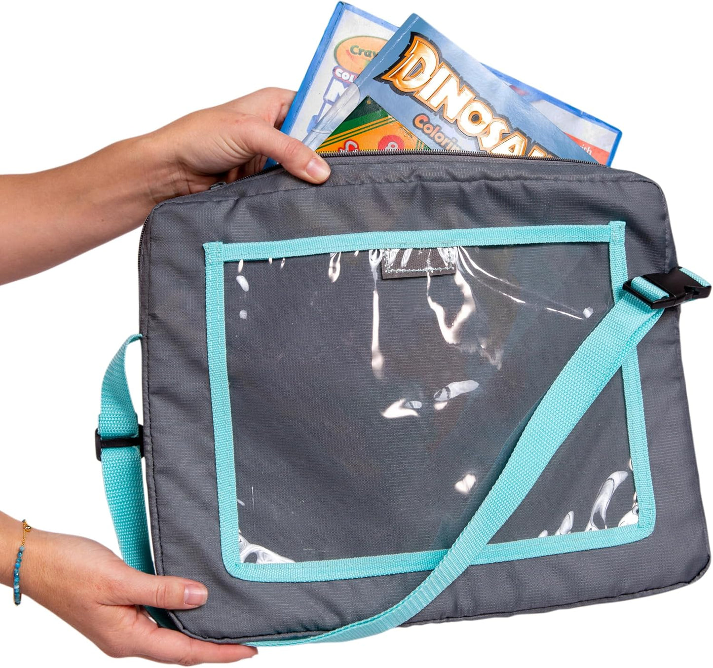 J.L. Childress 3-IN-1 Kids Travel Tray & Tablet Holder - Car Seat Lap Tray Desk for Toddlers, Road Trip Essentials, Car Seat Activity Table, Travel Accessories - Grey/Teal