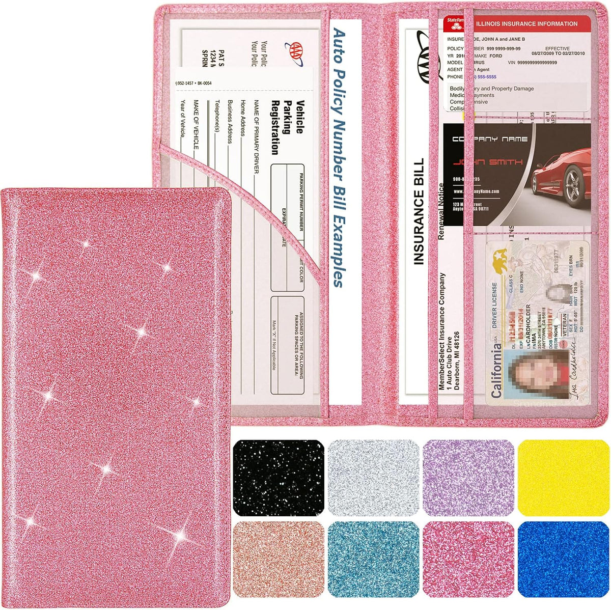 Leather Car Registration and Insurance Holder Magnetic Shut, Glitter Pink