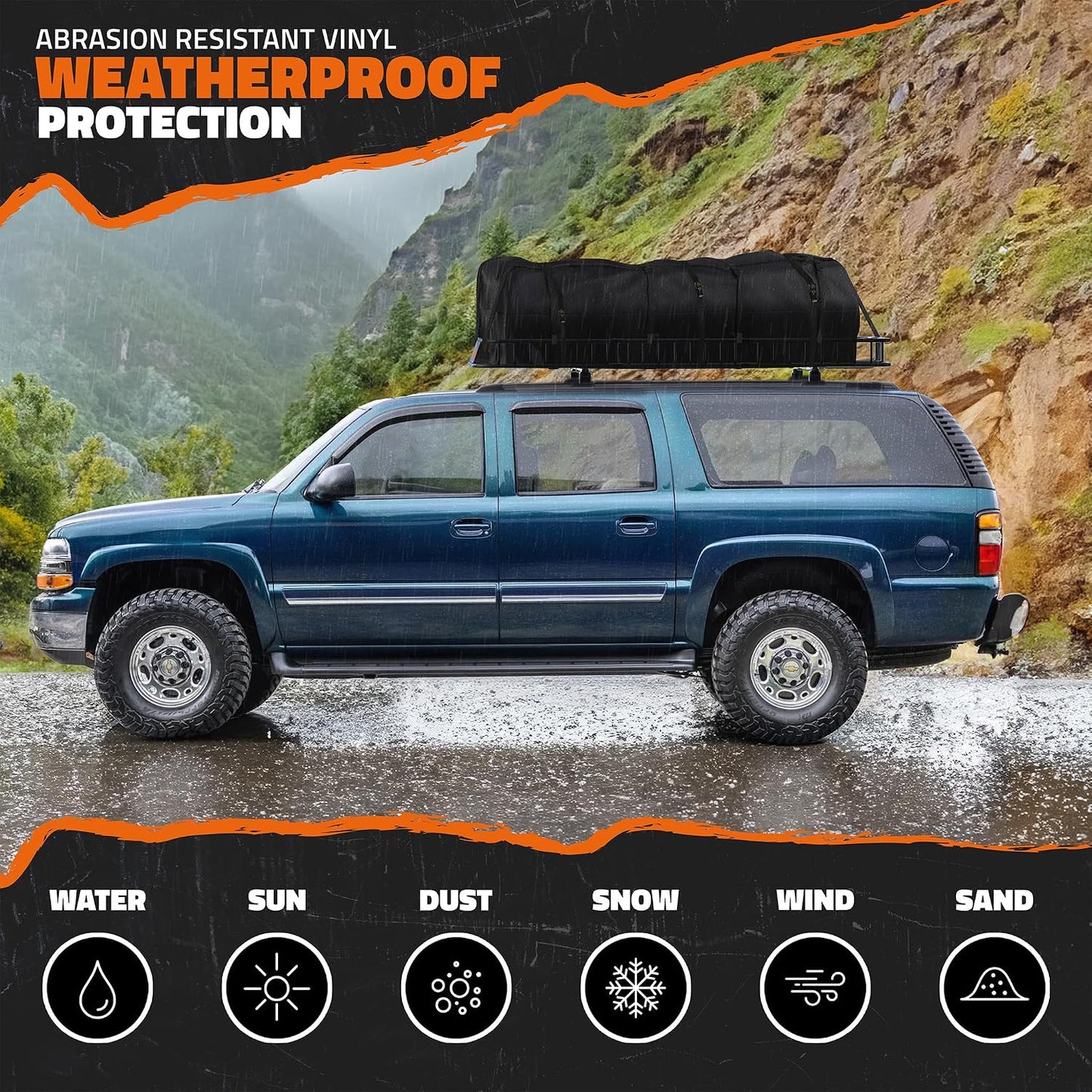 Mockins 90"x50"x5" XXL Heavy Duty Roof Rack Cargo Carrier w/ 250 Lbs. Cap | With 50 Cu Ft Waterproof Soft Vinyl Rooftop Cargo Bag | Roof Basket for SUV Car Truck RV & Van w/ Car Top Carrier Accessories