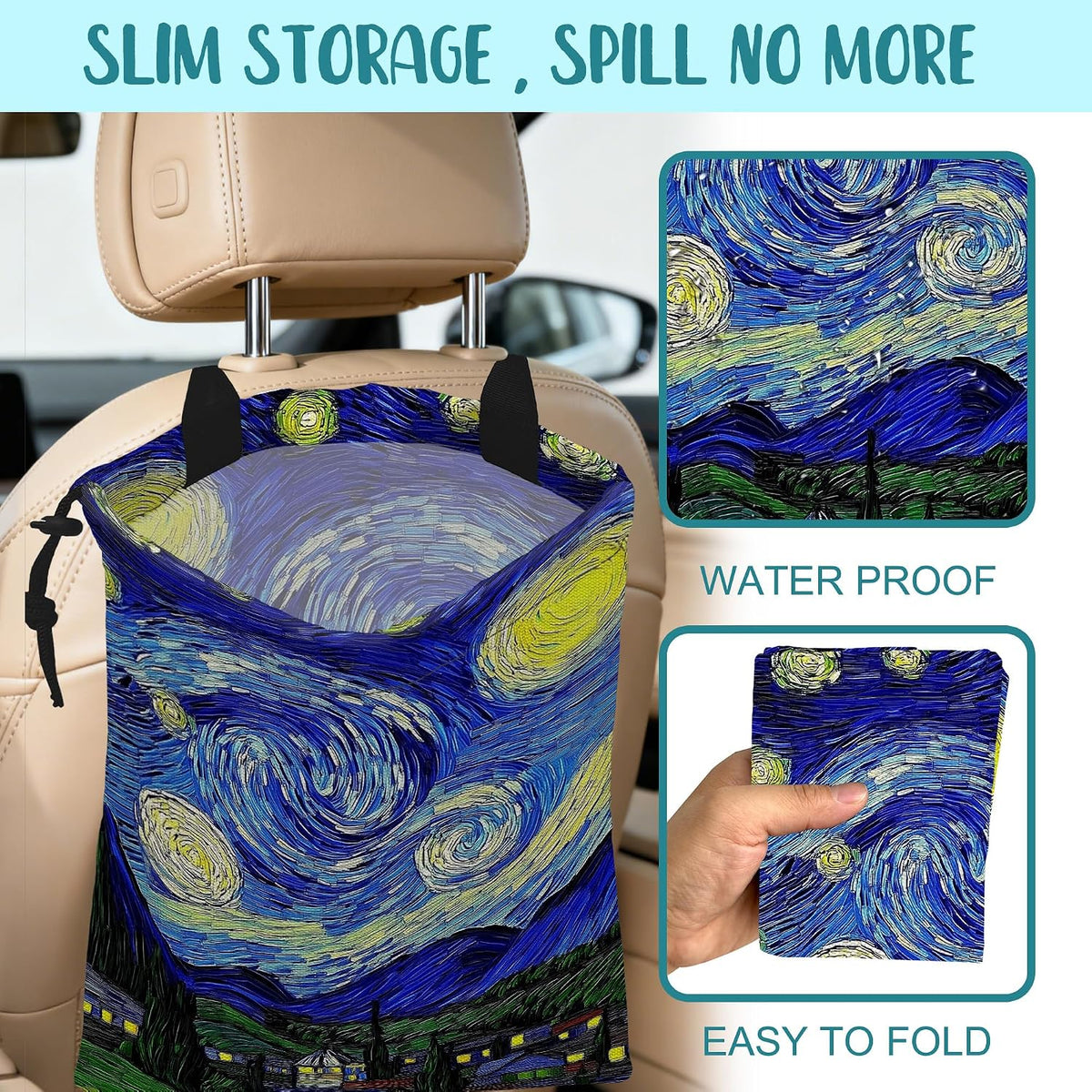 Car Trash Bag Abstract the Starry Night Leak-Proof Car Garbage Bag with Drawstring Foldable Canvas Trash Bin with Adjustable Buckle for Car Accessories