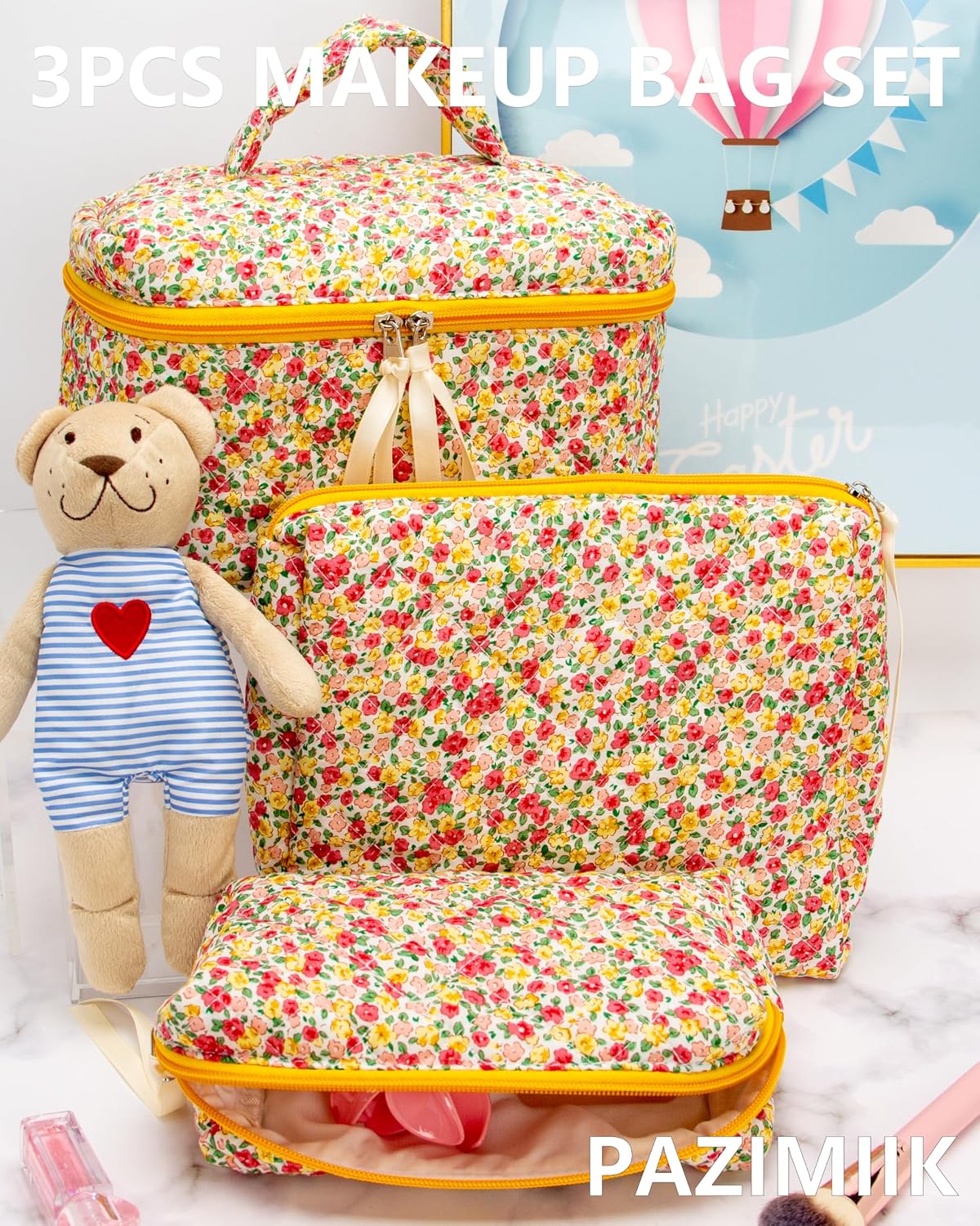 3 Piece Quilted Makeup Bag Set for Women,Cosmetic&Toiletry,Little Flower