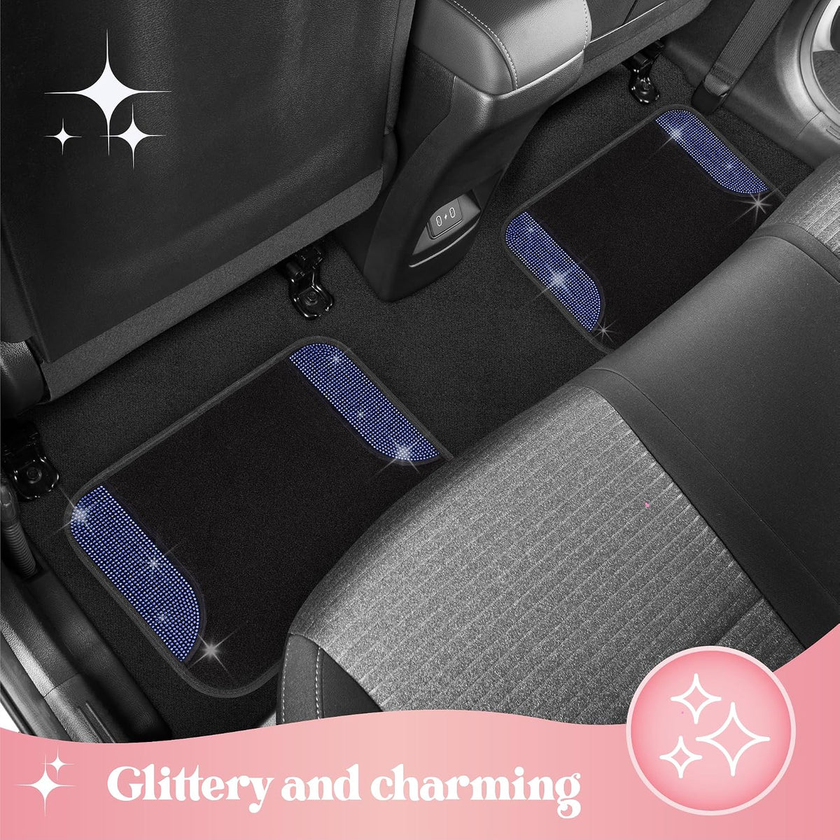 Carbella Diamond Bling Car Mats 4-Piece Set, Shiny Rhinestone Crystal Carpet Car Floor Mats, Two-Tone Floor Mats for Cars, Cute Automotive Interior Car Accessories for Women (Blue)