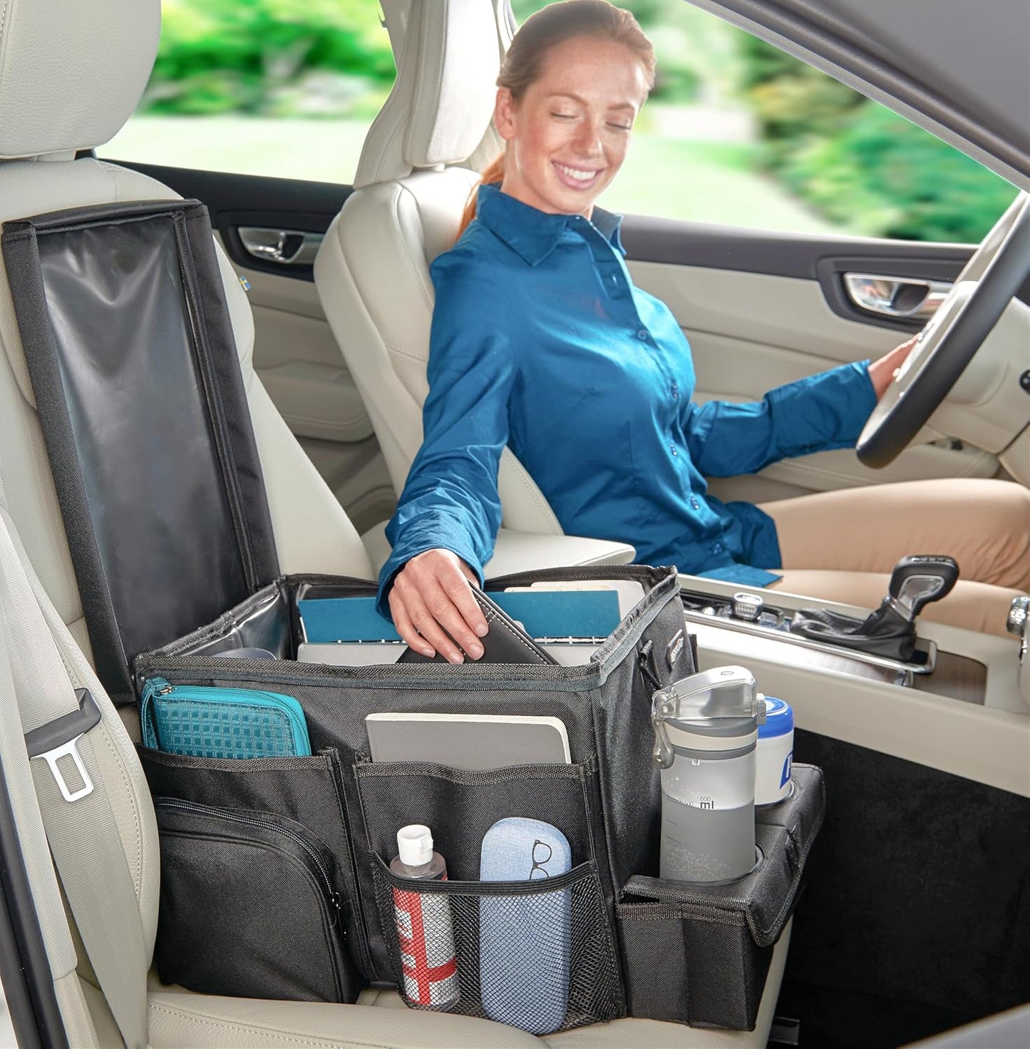High Road CarHop Front Seat Car Organizer with Car Cup Holder, Passenger Seat Tray and Padded Filing or Cooler Compartment with Side Pocket Storage