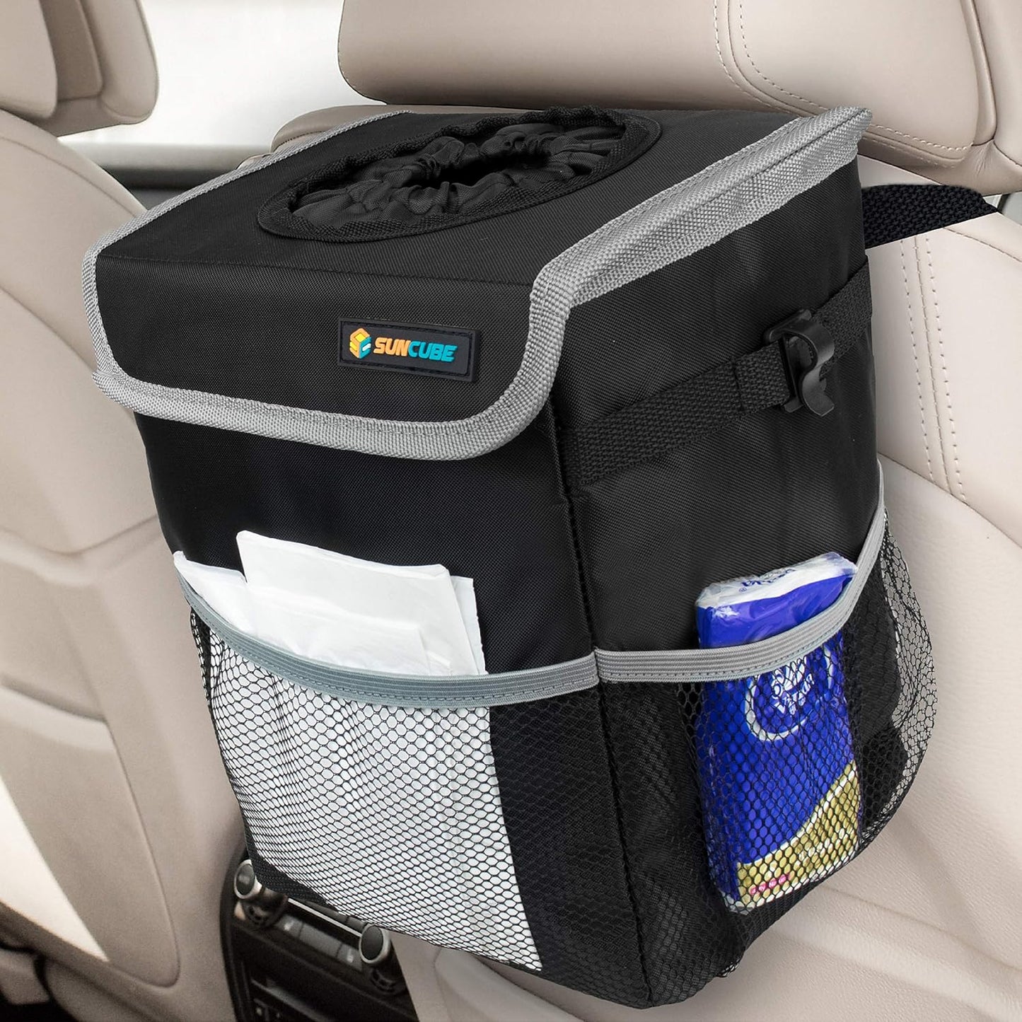 SUN CUBE Waterproof Car Trash Can with Lid, Mesh Pockets | Leakproof Car Garbage Can Hanging | Auto Trash Bin, Garbage Bag Organizer for Headrest, Console, Truck (Dark Gray)