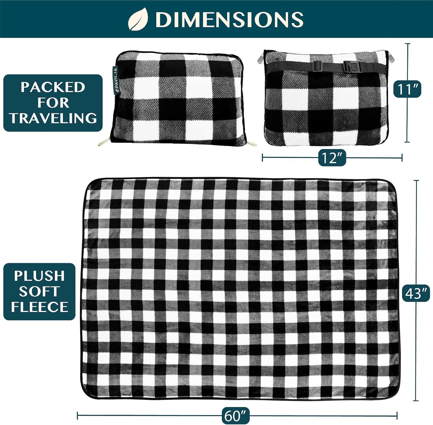 PAVILIA Travel Blanket Pillow, Soft Airplane Blanket 2-in-1 Combo Set, Plane Blanket Compact Packable, Flight Essentials Car Pillow, Travelers Gifts Accessories, Backpack Strap, 60x43 Checker White