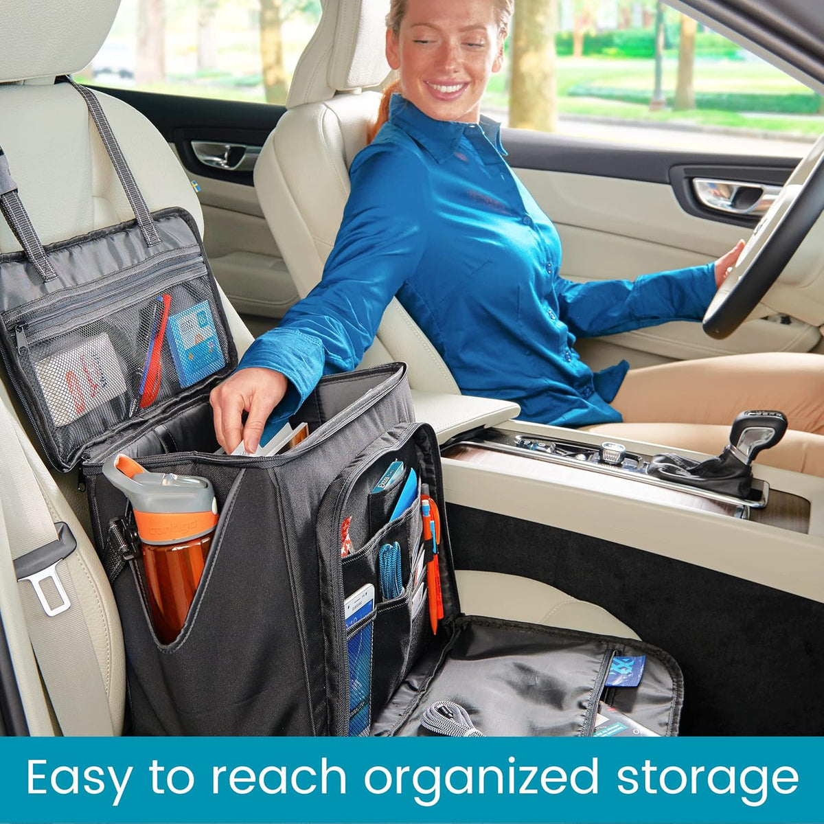 High Road Car Office Organizer - Front Seat Organizer with Desk Supplies Compartment, Laptop Sleeve, 2 Bottle Holders, Storage Cover and Padded Shoulder Strap for Cars, Trucks and Patrol Vehicles