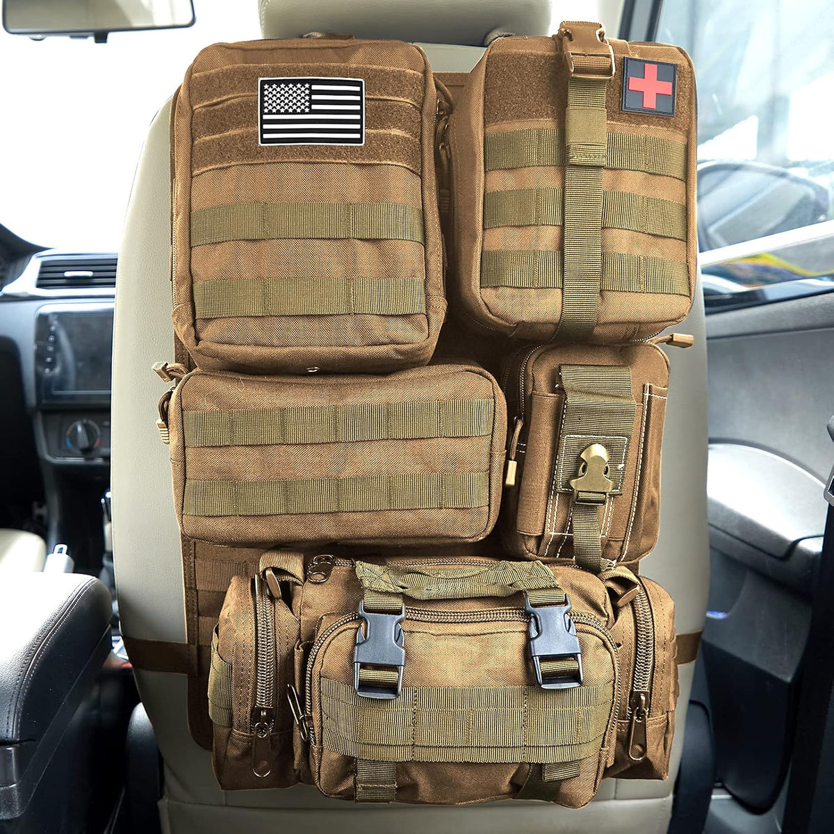 Universal Tactical Car Seat Back Organizer Bag Tactical Molle Vehicle Organizers Panel Vehicle Protector Organizers with 5 Detachable Pouches for Car Truck Ford Jeep (Upgraded C model Black camo)