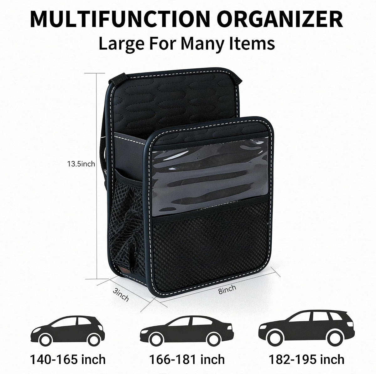 Car Purse Holder Between Seats, PU Leather Front Seat Storage Bag with Tissue Holder, Multi-Pocket Car Organizer with Touch Screen Phone Holder Cup Holders Mesh Pockets, Universal Fit for SUV Sedan