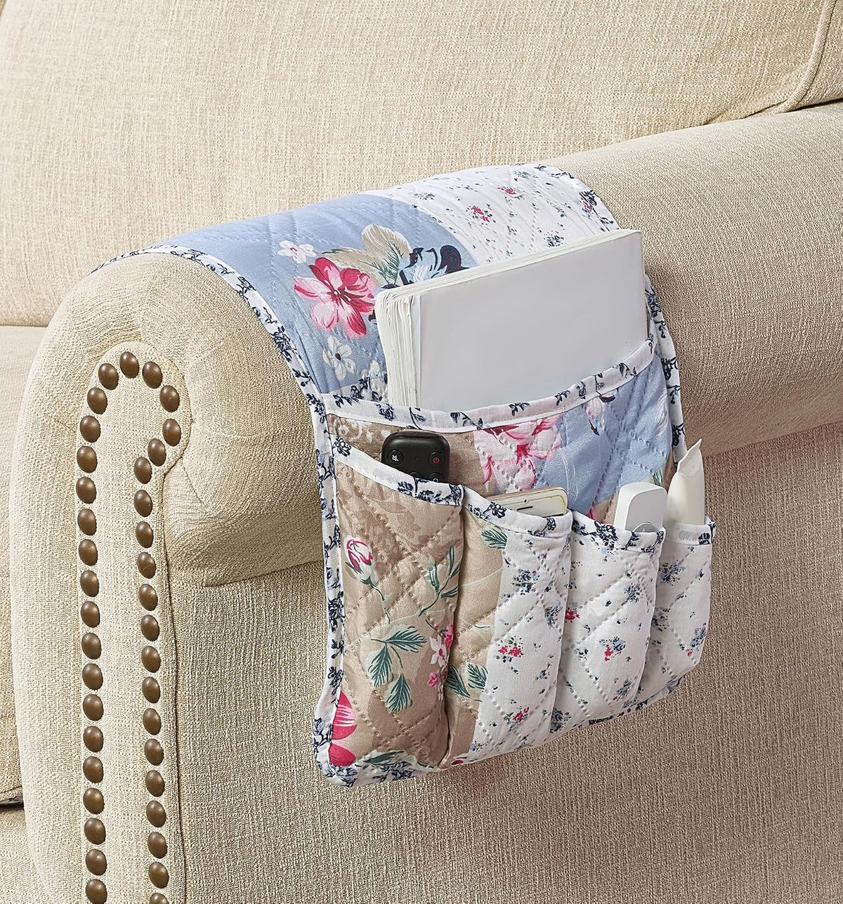 Brilliant Sunshine Blue Beige Rose Toile Couch Armrest Cover, 35"×13"