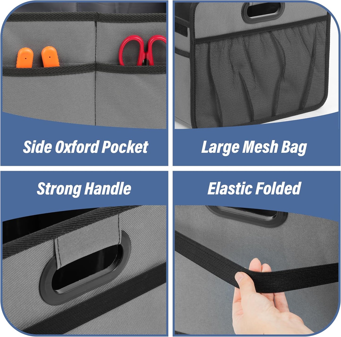 Simple Deluxe Car Trunk Organizer for SUV, Collapsible 2 Compartment 50L Automotive Storage Box with 5 Pocket, 600D Waterproof Oxford Polyester & Non Slip Bottom, Reinforced Handle, Grey, 2 Pack