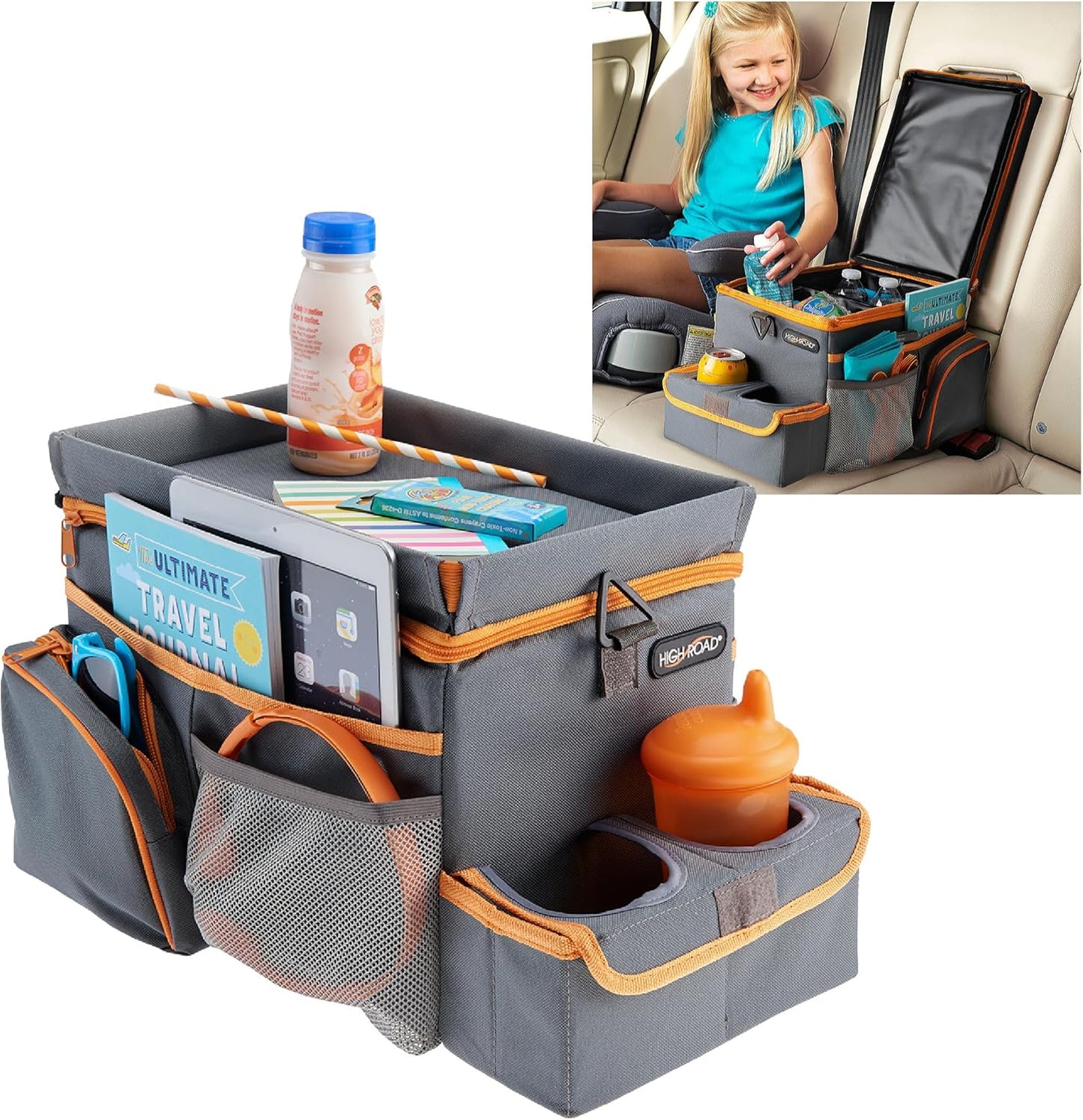 High Road CarHop Car Caddy Organizer with Road Trip Cooler, Car Cup Holder Bin, Sturdy Snack and Play Lid and 6 Organization and Storage Pockets, Gray