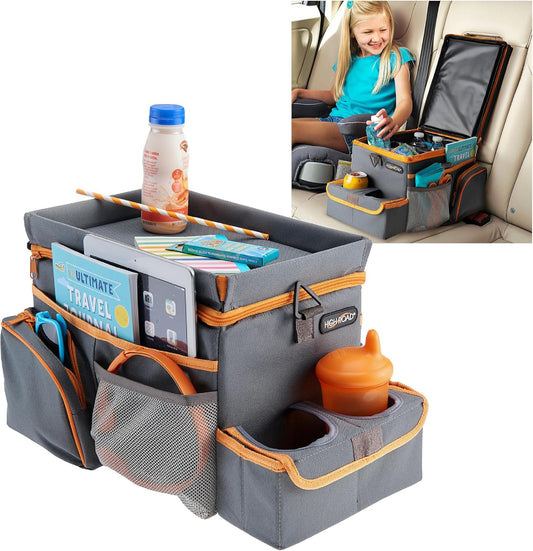 High Road CarHop Car Caddy Organizer with Road Trip Cooler, Car Cup Holder Bin, Sturdy Snack and Play Lid and 6 Organization and Storage Pockets, Gray