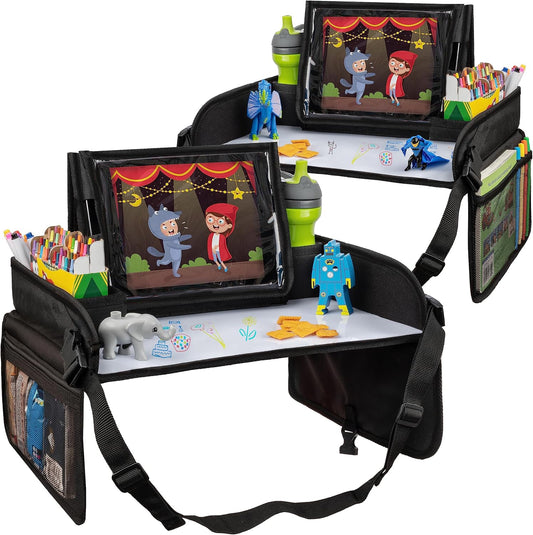 Lusso Gear Kids Lap Desk Tray (Value 2 Pack) - Mesh Pockets & Cup Holder for Car Travel Essentials - Car Seat Tray for Kids Travel & Tablet Holder - Dry-Erase Surface for Road Trip Activities - Black