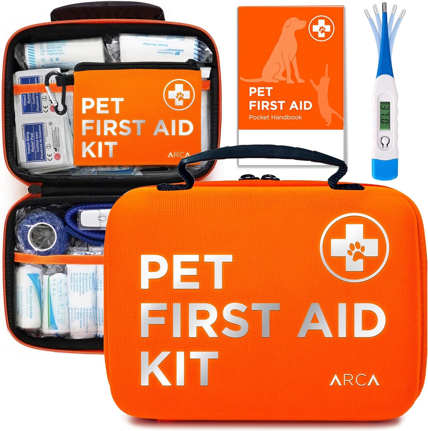 ARCA PET Cat & Dog First Aid Kit for Car - Pet Emergency Kit for Home Office Travel – Dog Camping Essentials with Digital Thermometer, Muzzle & Mini First Aid Pouch