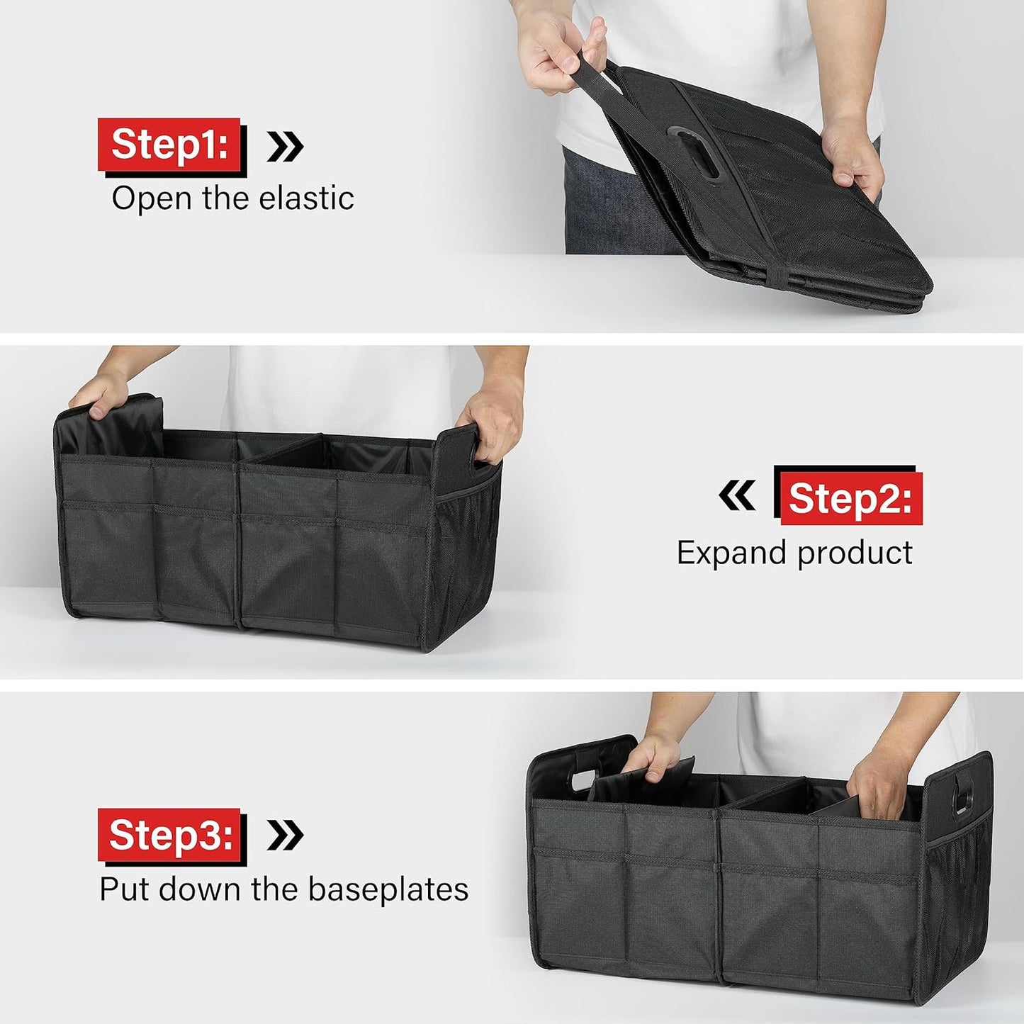 Simple Deluxe Trunk Organizer for Car/SUV, Collapsible 600D Waterproof Oxford Polyester 50L Storage Box, 2 Compartments Multipurpose Travel Accessories, Anti-slip & Leak-proof, Black