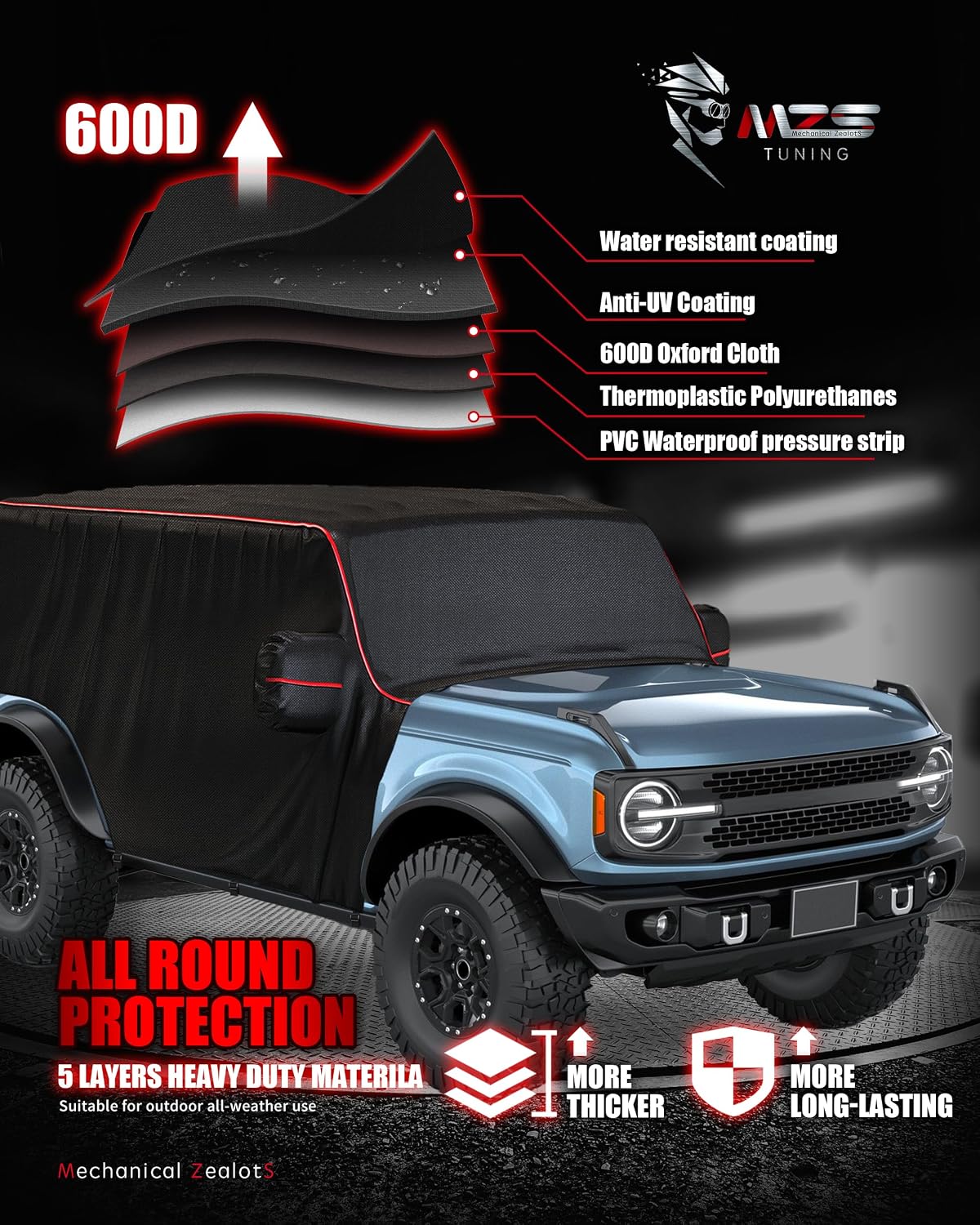 MZS Cab Cover Compatible with Bronco 4 Door 2021-2026, 600D Waterproof Bronco Cover with Driver Door Zipper 8 Gust Hook Car Half Cover Windproof Sun Snow Rain Scratch Protection