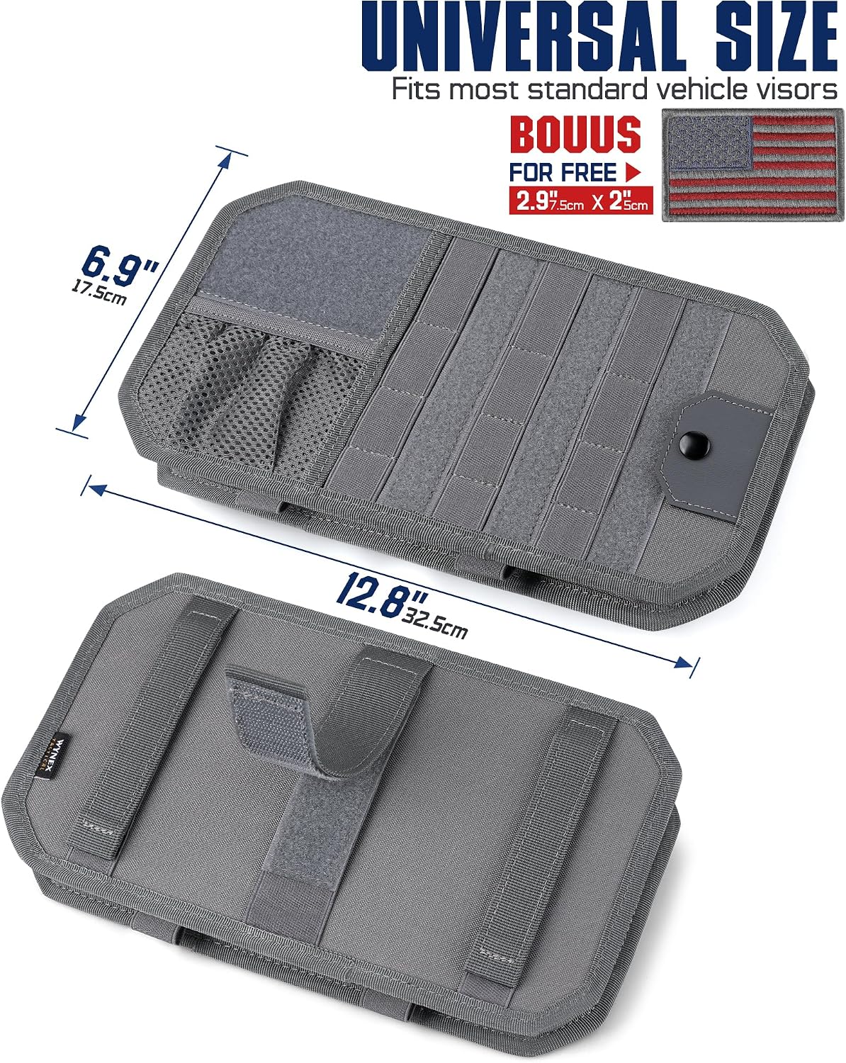 WYNEX Molle Car Sun Visor Organizer, Car Accessories with Zip Storage Pouch & Glasses Holder, Semi-Rigid Molle Panel with Patch for Tactical Gears, Fits Most Cars, Trucks, Pickups, Patrols