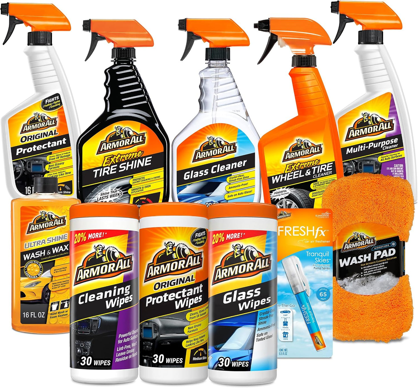 Armor All Premier Car Care Kit, Includes Car Wax & Wash Kit, Glass Cleaner, Car Air Freshener, Tire & Wheel Cleaner, 8 Pieces Protectant, Glass and Cleaning Wipes, 30 Count Each (Pack of 3)