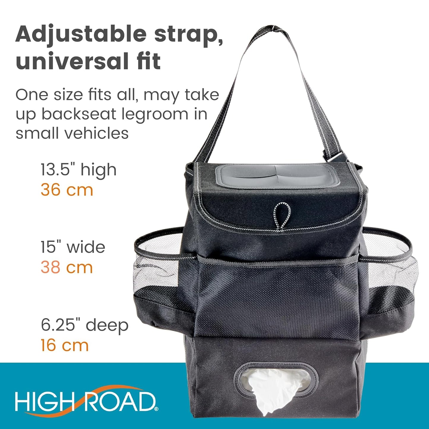High Road StashAway Car Trash Can with Tissue Holder - Car Organizer with Trash Can, Tissue Dispenser and 3 Storage Pockets for Bottles, Flasks, Wipes and Driving Essentials