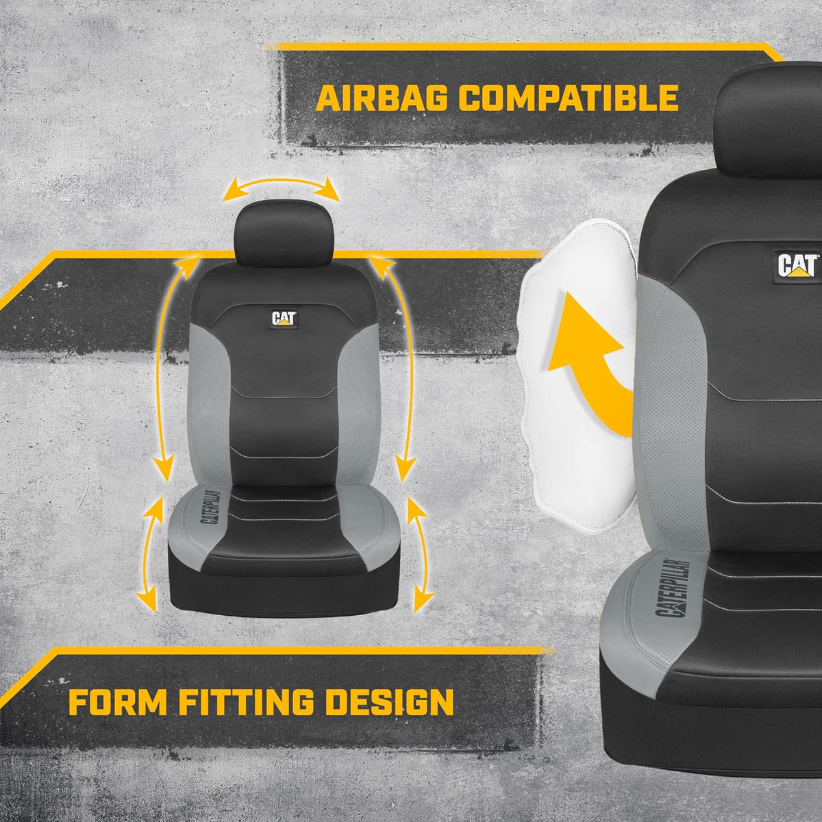 Caterpillar Flexfit Automotive Seat Covers for Cars Trucks and SUVs (Set of 2) – Black Seat Covers for Front Seats, Seat Protectors with Gray Honeycomb Trim, Auto Interior Covers