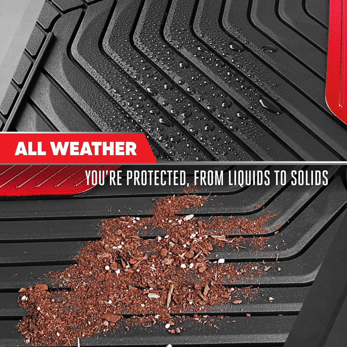 Motor Trend MetallicGuard Car Floor Mats Full Set - Durable Rubber Floor Mats with Red Metallic Heel Pad, All-Weather Interior Protection for Front and Rear with Non-Slip Backing