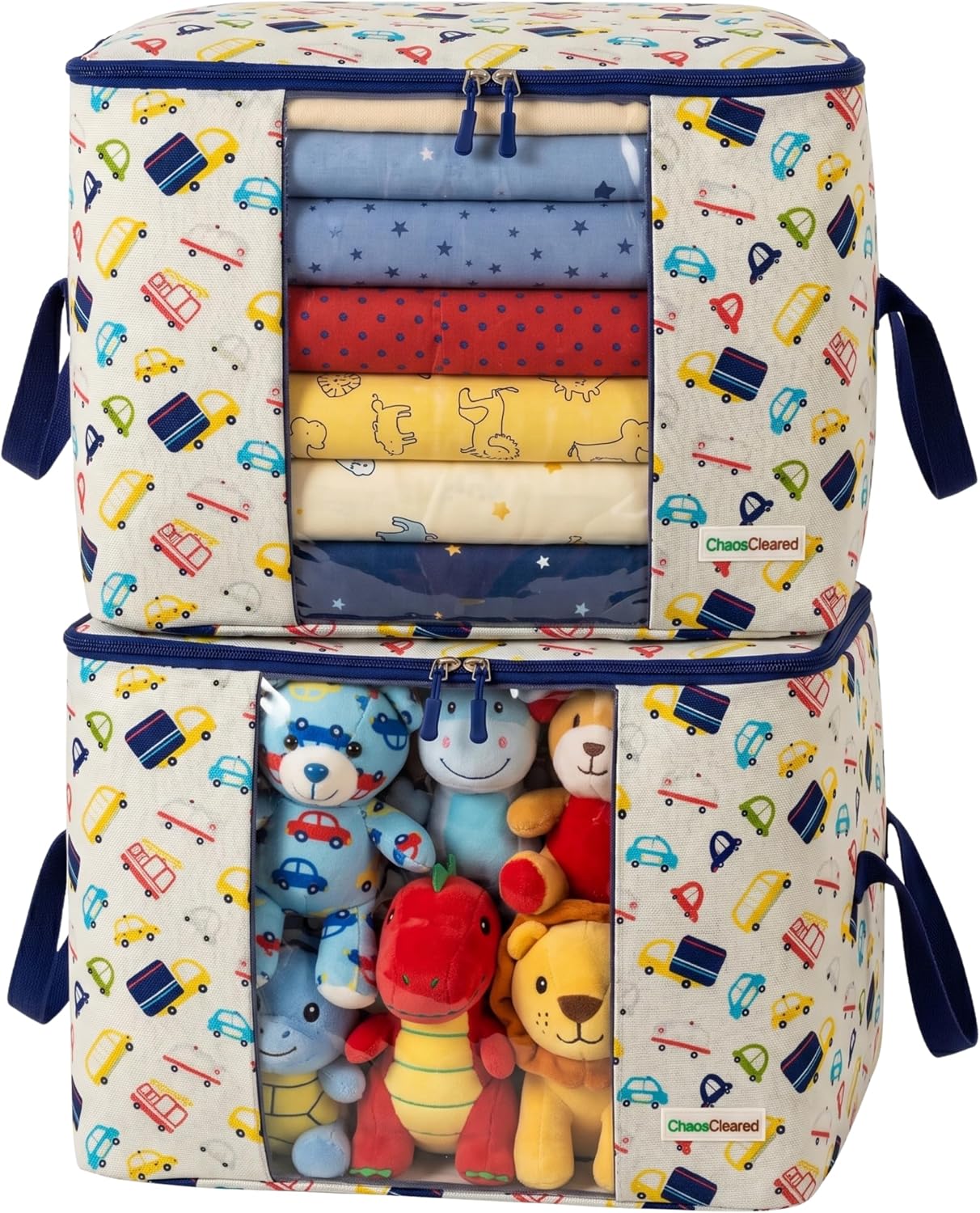 Chaos Cleared Kids Storage Bags – 100% Cotton Canvas Toy & Clothes Organizer with Cute Design – Storage Bin for Stuffed Animals, Baby Items & Clothes with Zipper & Handles (Cars Boy Print)