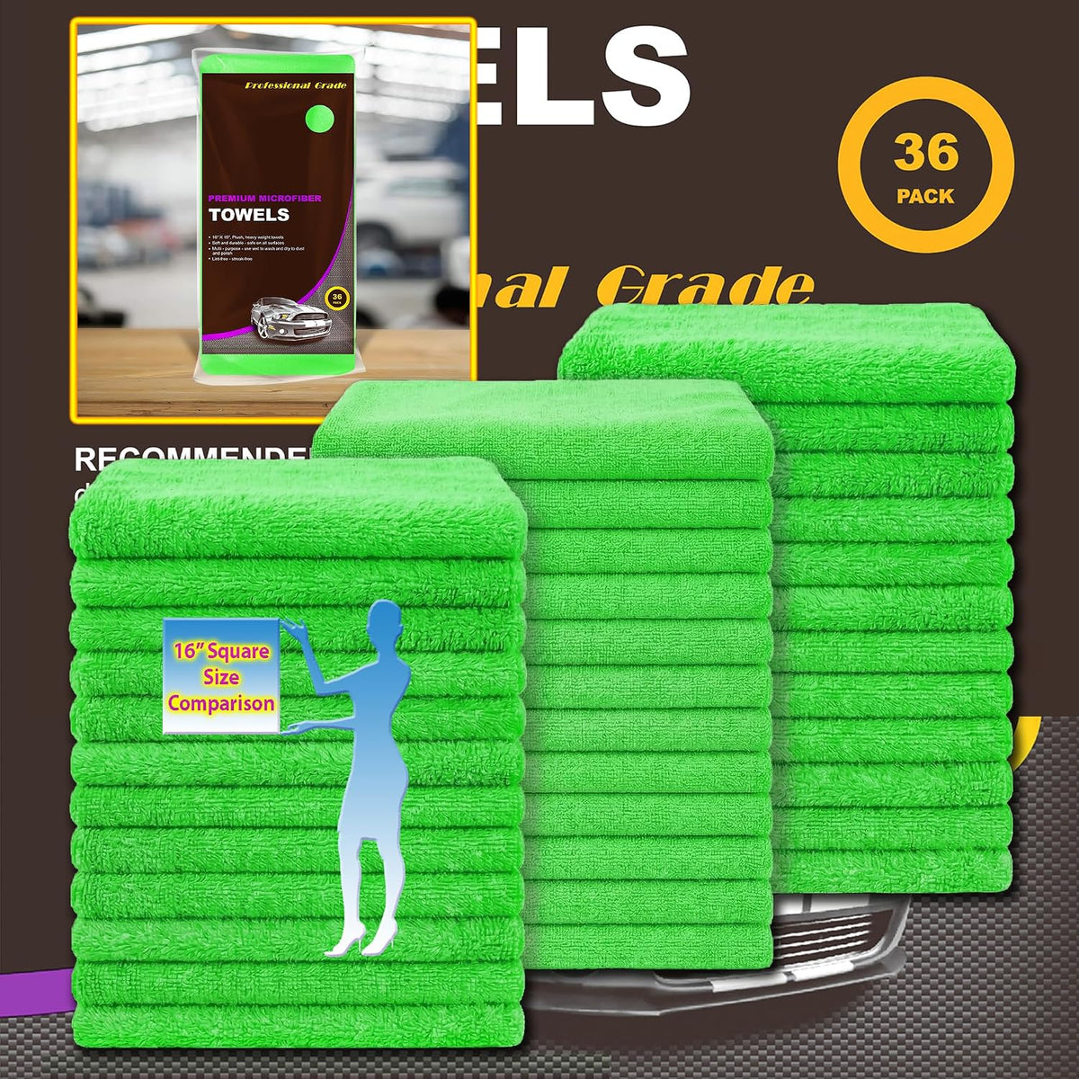 Green Large Microfiber Cleaning Towels,36-Pack Dual-Sided Ultra Soft Plush Washcloth, Professional Grade Premium Microfiber Detailing Cleaning Cloths, Car, Household and Commercial (Green, 16" X 16")
