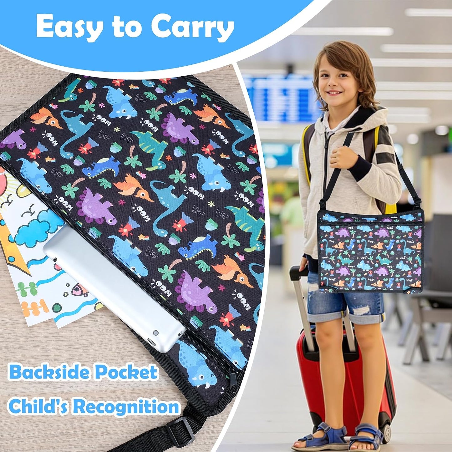 2Pcs Kids Travel Tray for Toddler Carseat, Road Trip Activities Essentials for Toddler, Kids Lap Desk Tray with Tablet Holder Stand ＆ Dry Erase Board (Dinosaur & Mermaid)