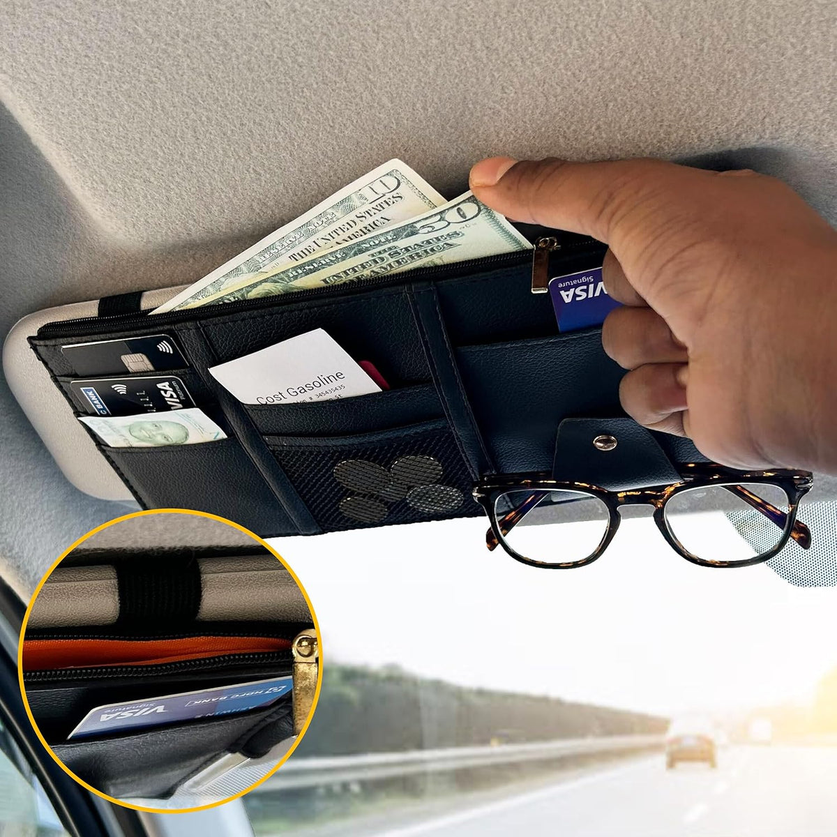 EcoNour Car Sun Visor Organizer (Black) | Multi-Pocket Net Zipper Case