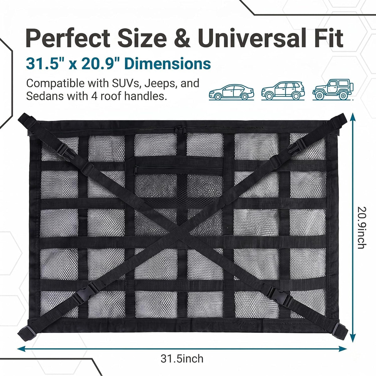 1 PC Car Ceiling Cargo Net, Double Layer Mesh Roof Storage Bag, 31.5" x 21.6" Overhead Organizer with 4 Straps, Universal for Most Cars, Trucks, SUVs (Black)