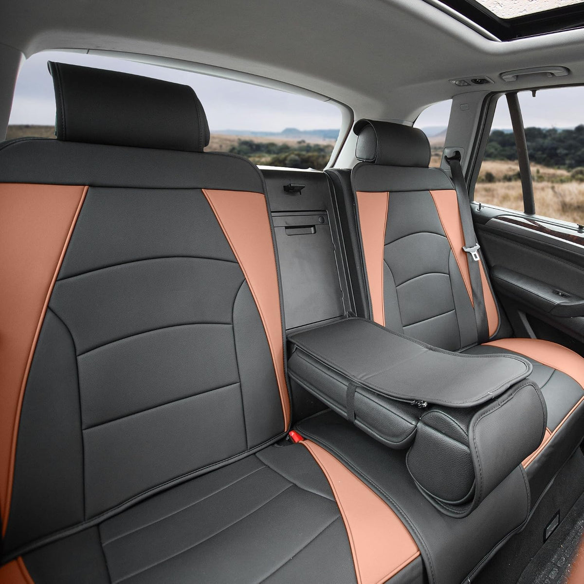 FH Group Car Seat Cover for Back Seat Faux Leather - Universal Fit, Rear Seat Covers for Cars with Rear Split Bench, Car Seat Cushions, Car Interior Accessories for SUV, Sedan, Van Brown Black