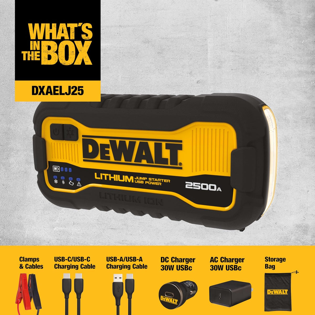 : DEWALT DXAELJ25 2500 Peak Amp Portable Lithium Jump Starter with USB-C (25W, 60W in/Out) and USB-A (15W)