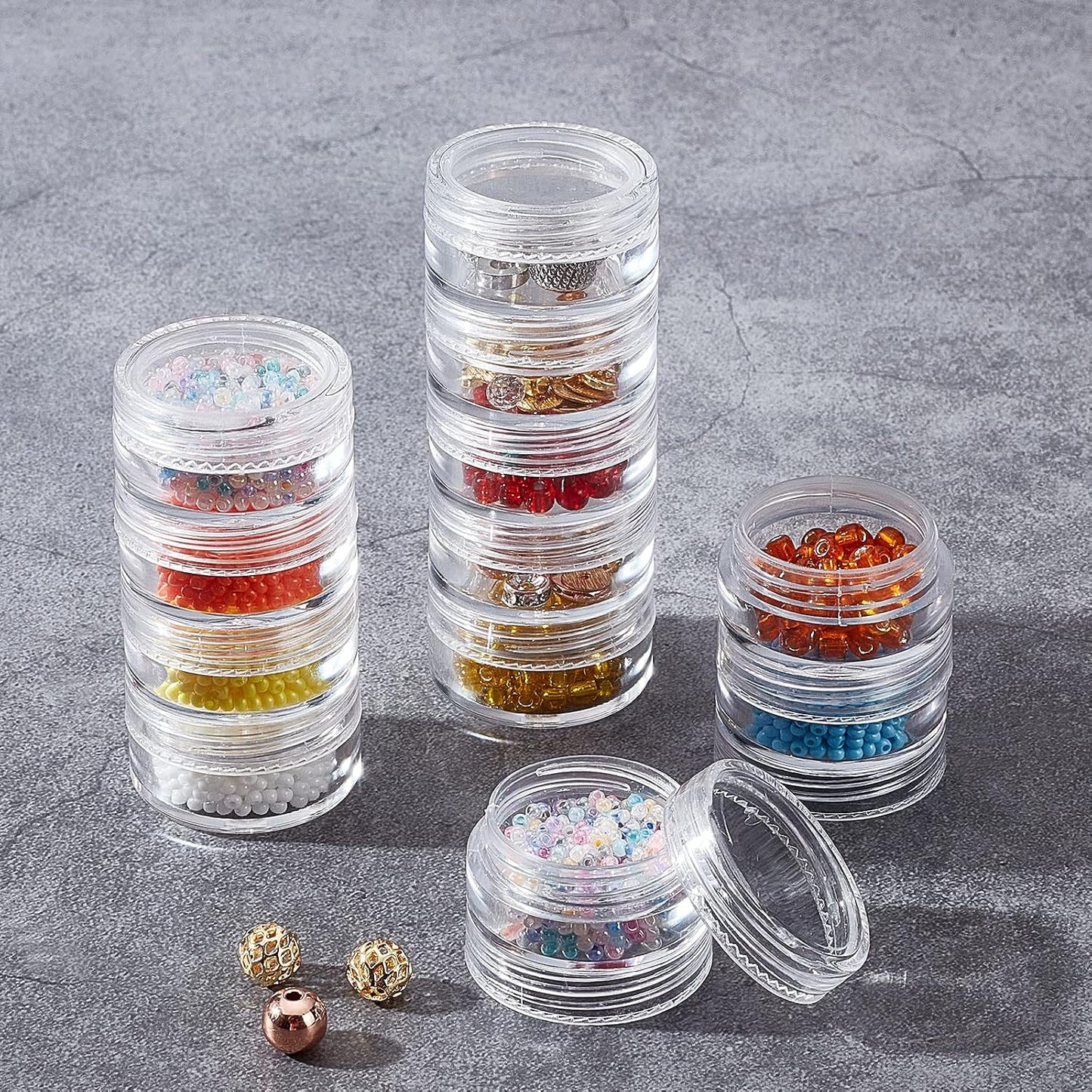BENECREAT 5G/5ML Stackable Round Plastic Containers 8 Column(5 Layer/Column) Bead Storage Jars for Seed Beads, Diamond Drills and Other Jewelry Components