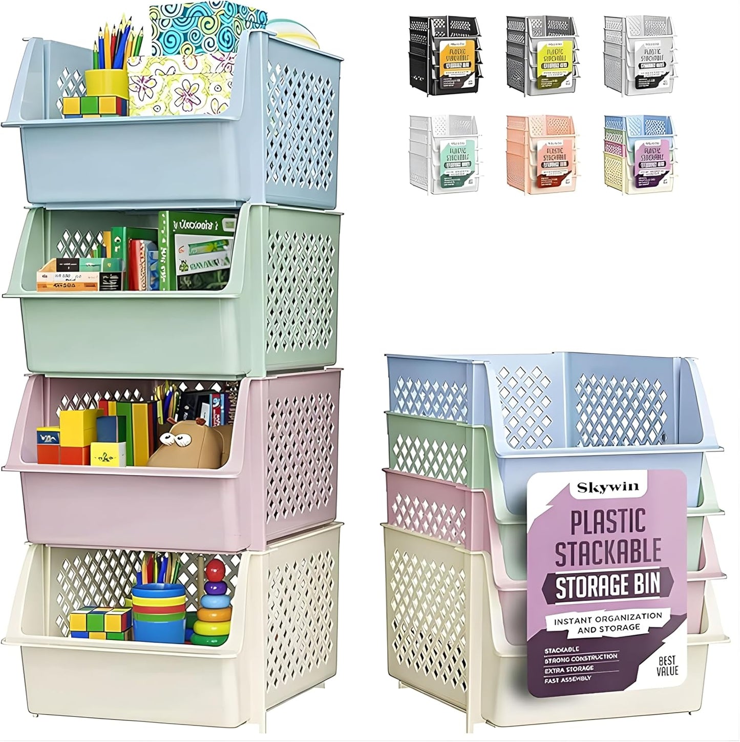 Skywin Stackable Storage Bins Open Front for Pantry Storage, 4 Pack - Multi | Sturdy Plastic, Easy Stacking, Open Front Access, Ventilated Sides, Vertical & Space Saving Pantry Organizers and Storage Bin