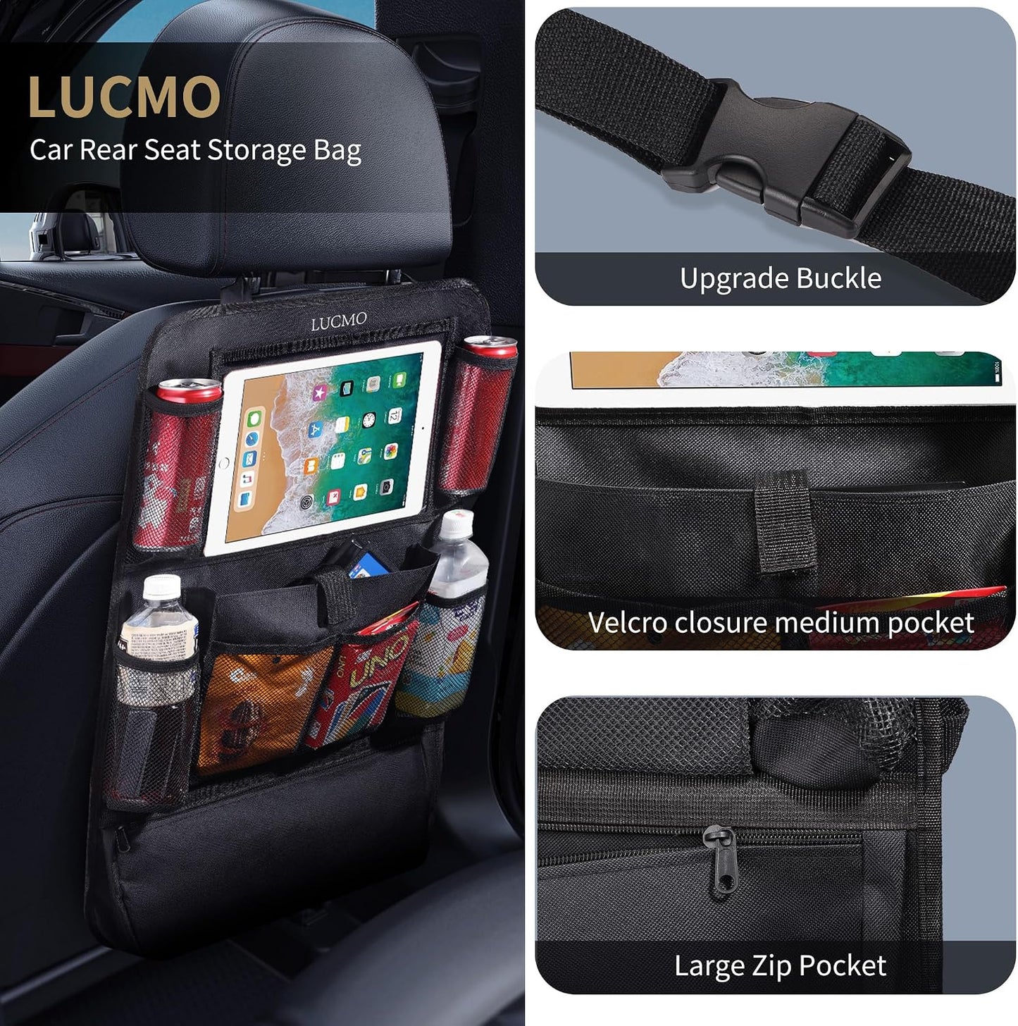 LUCMO Car Backseat Organizer with Touch Screen Tablet Holder, Black | 2 Pcs,9 Storage Pockets,Clear Tablet Holder,Protectors Kick Mats,Travel Accessories,Seat Cover,Road Trip Essentials