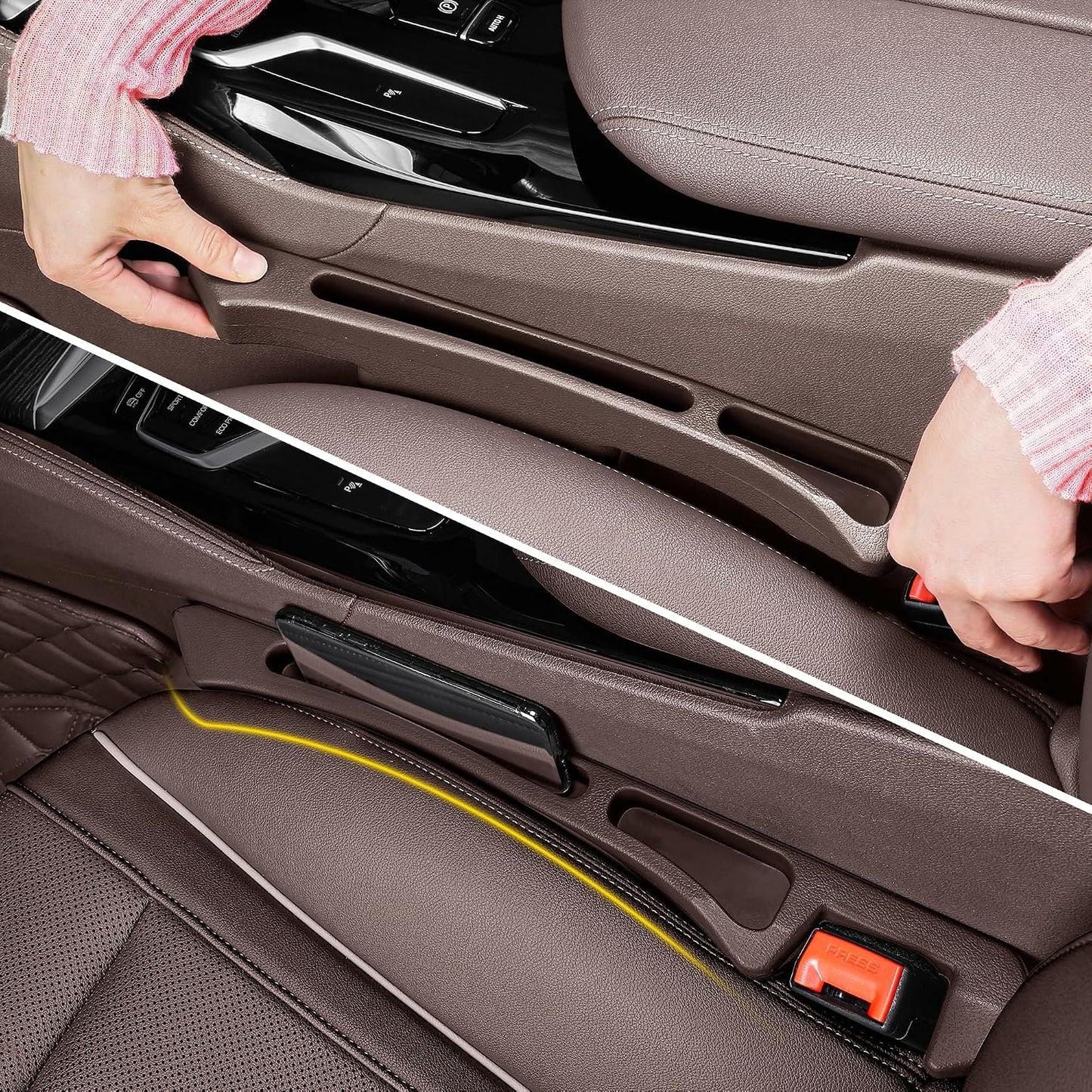 Car Seat Gap Filler Organizer with Dual Slots, 2 Pack Anti-Drop Storage Solution for Car SUV Truck - Prevents Phone, Keys, Wallet from Falling Between Seats (Brown)