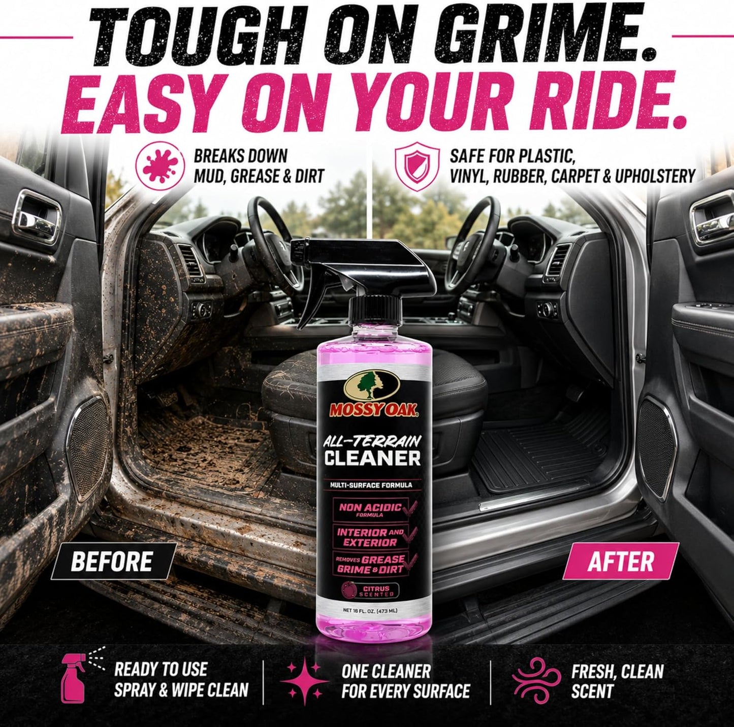 Mossy Oak All-Terrain Cleaner, All-Purpose Interior and Exterior Spray for Trucks SUVs Cars Jeeps UTVs & ATVs, Cleans Plastic Vinyl Rubber Carpet Upholstery & Hard Surfaces, Made in USA, 16 oz