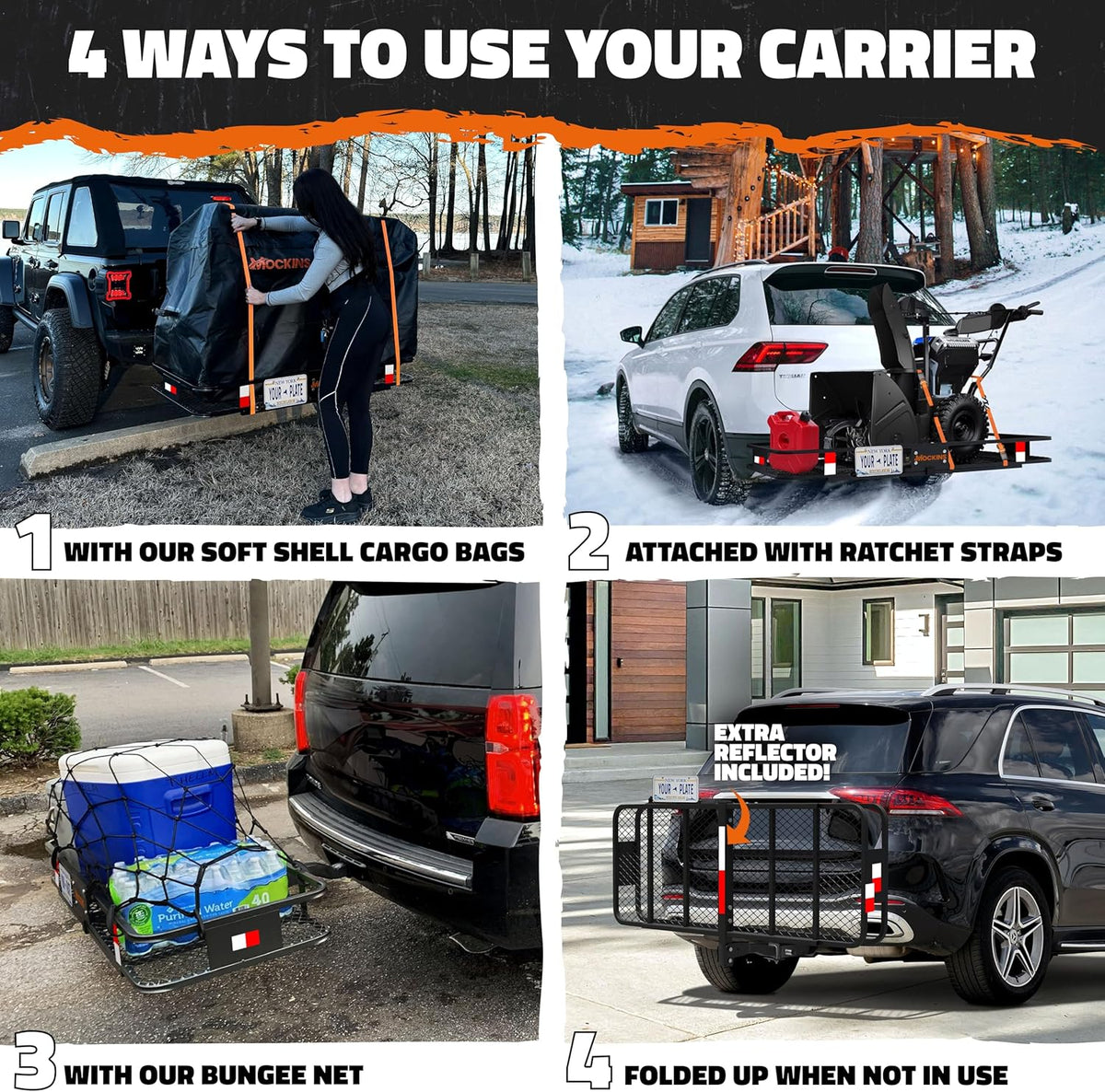 Mockins 60"x24"x6" Heavy Duty Trailer Hitch Cargo Carrier w/ 500 Lbs. Cap | with 25 CuFt Waterproof Cargo Bag for Hitch Carrier | Folding Luggage Rack for SUV Car Truck w/ Plate Bracket & Accessories