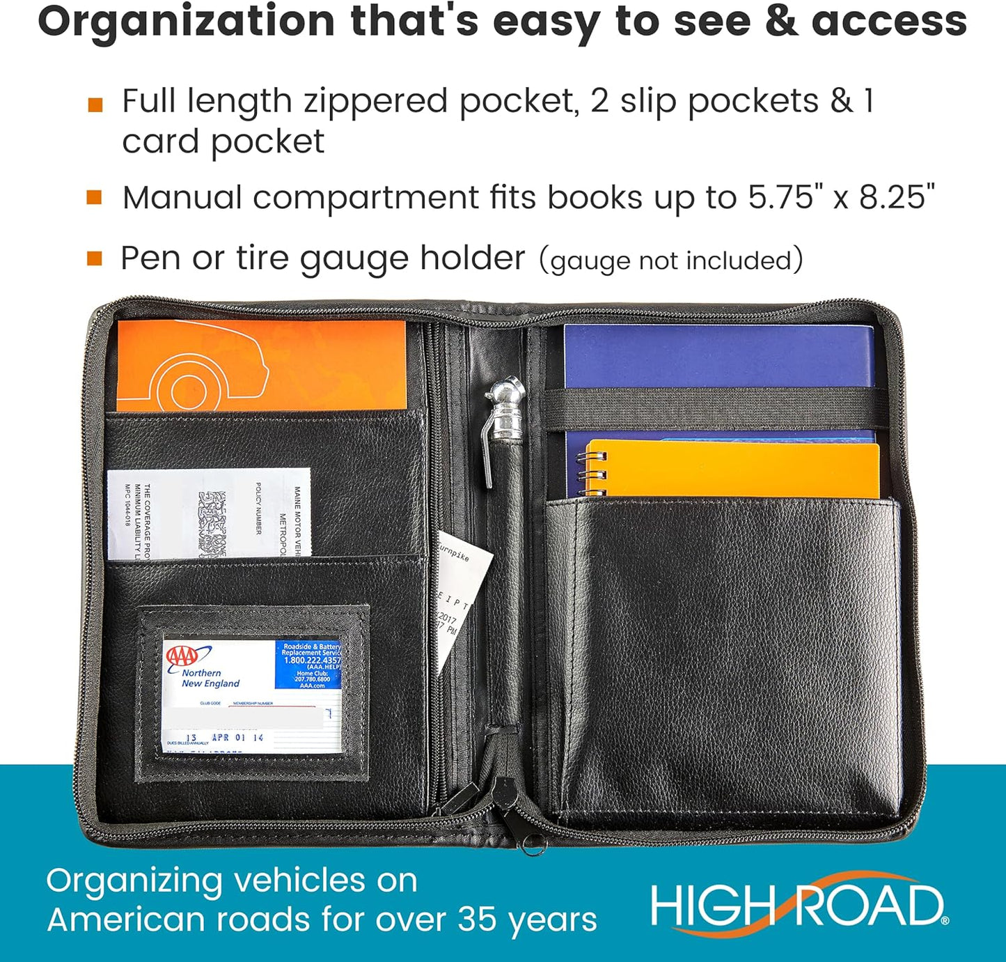 High Road Car Owners Manual Case and Glove Compartment Document Holder - Pebbled Faux Leather Glove Box Organizer for Car, SUV, Truck