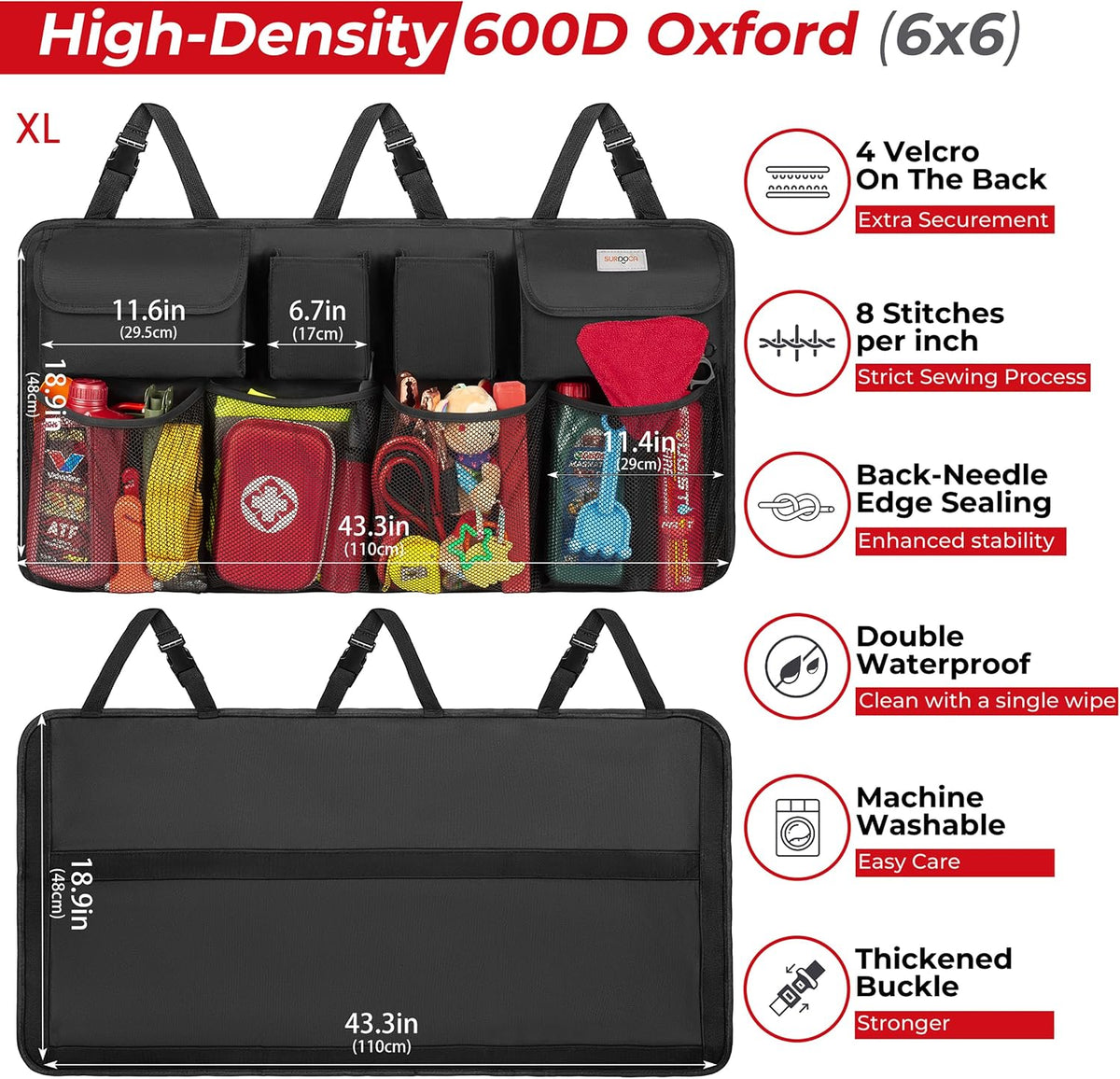SURDOCA Car Trunk Organizer, LARGE CAPACITY(43 x 19 in) Car Storage Bag with 8 Pockets, 7X Upgraded Trunk Storage Organizer for Car, SUV, Truck, MPV