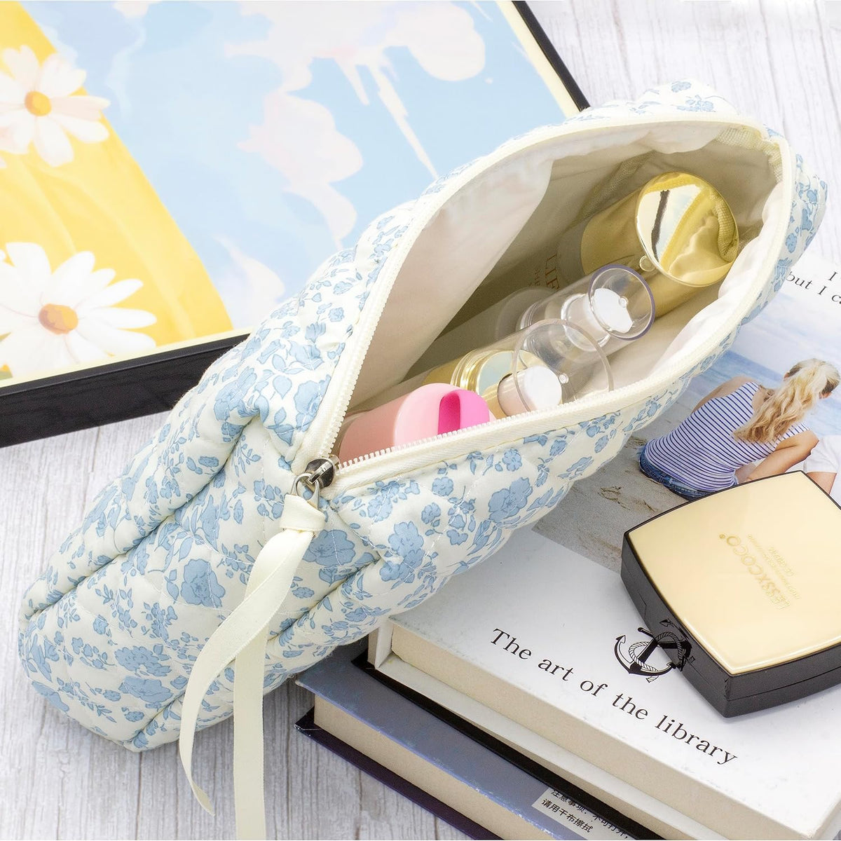 3 Piece Quilted Makeup Bag Set for Women,Cosmetic&Toiletry Bag,Flower Blue
