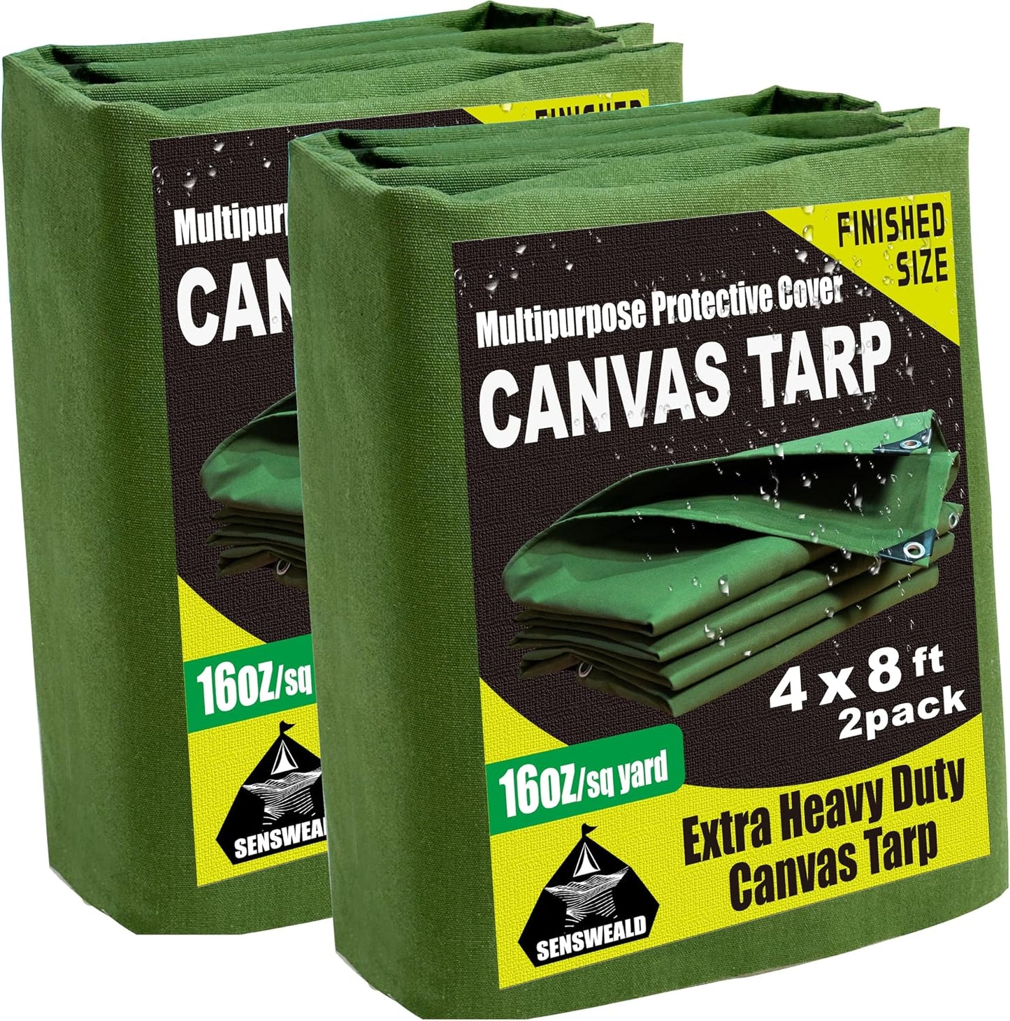 2 Pack Heavy Duty Canvas Tarp 4x8 Feet 16oz Water-Resistant Canvas Cover with Grommets，Tear Resistant, Durable, Multipurpose Protective Green Tarp for Camping, Tent, Car