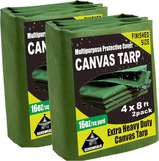 2 Pack Heavy Duty Canvas Tarp 4x8 Feet 16oz Water-Resistant Canvas Cover with Grommets，Tear Resistant, Durable, Multipurpose Protective Green Tarp for Camping, Tent, Car