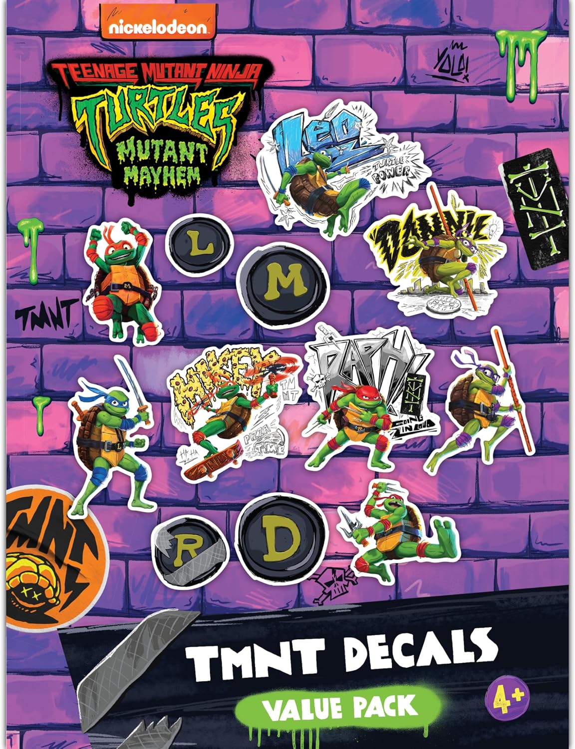 TMNT Teenage Mutant Ninja Turtles Vinyl Decals - Leo, Raph, Mikey, Donnie Mutant Mayhem Stickers for Car Water Bottle Bike Helmet Laptop Skateboard Outdoor Rated Water Resistant